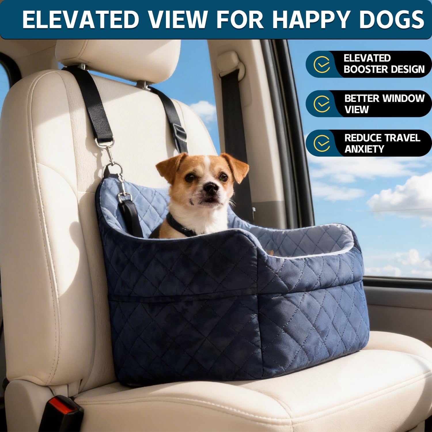 TOPOmerice dog car seat in modern black and gray design inside a vehicle.