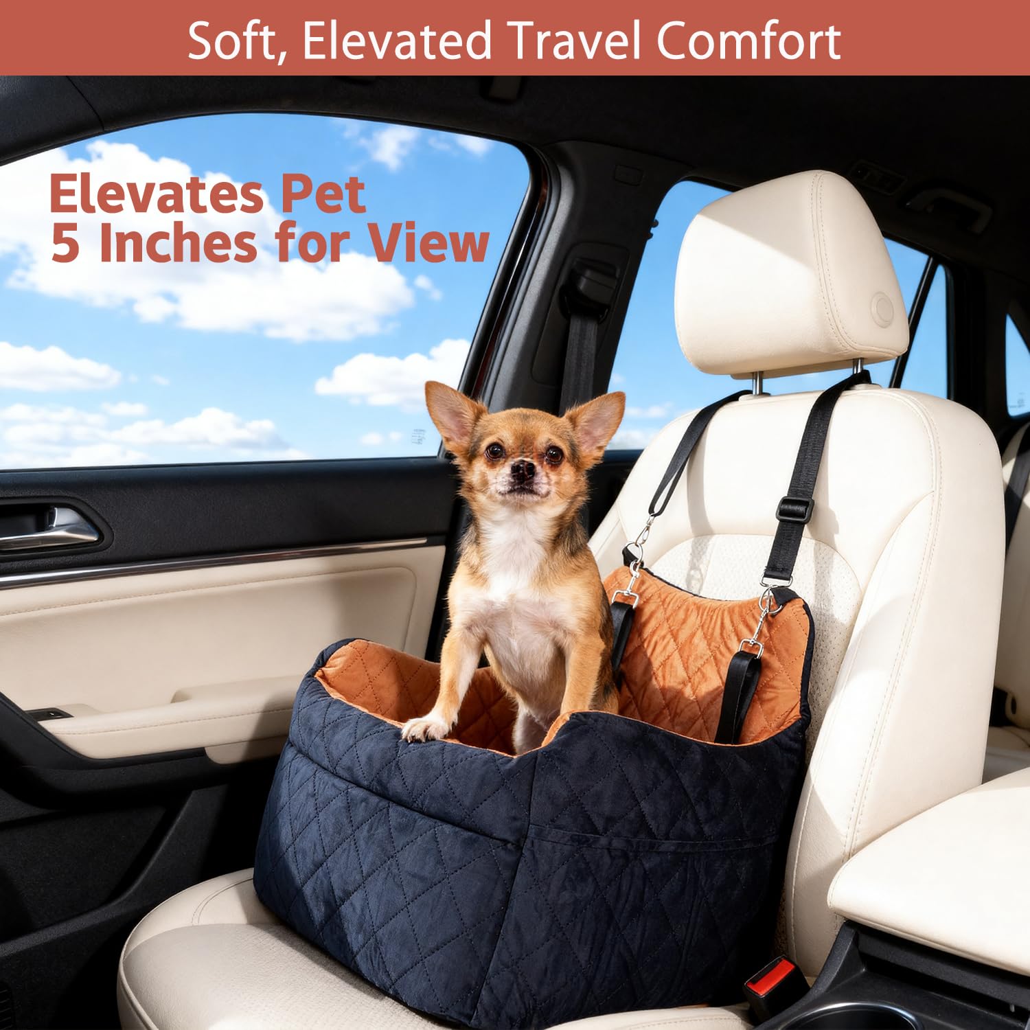 TOPOmerice dog car seat with removable, washable cover for easy cleaning.