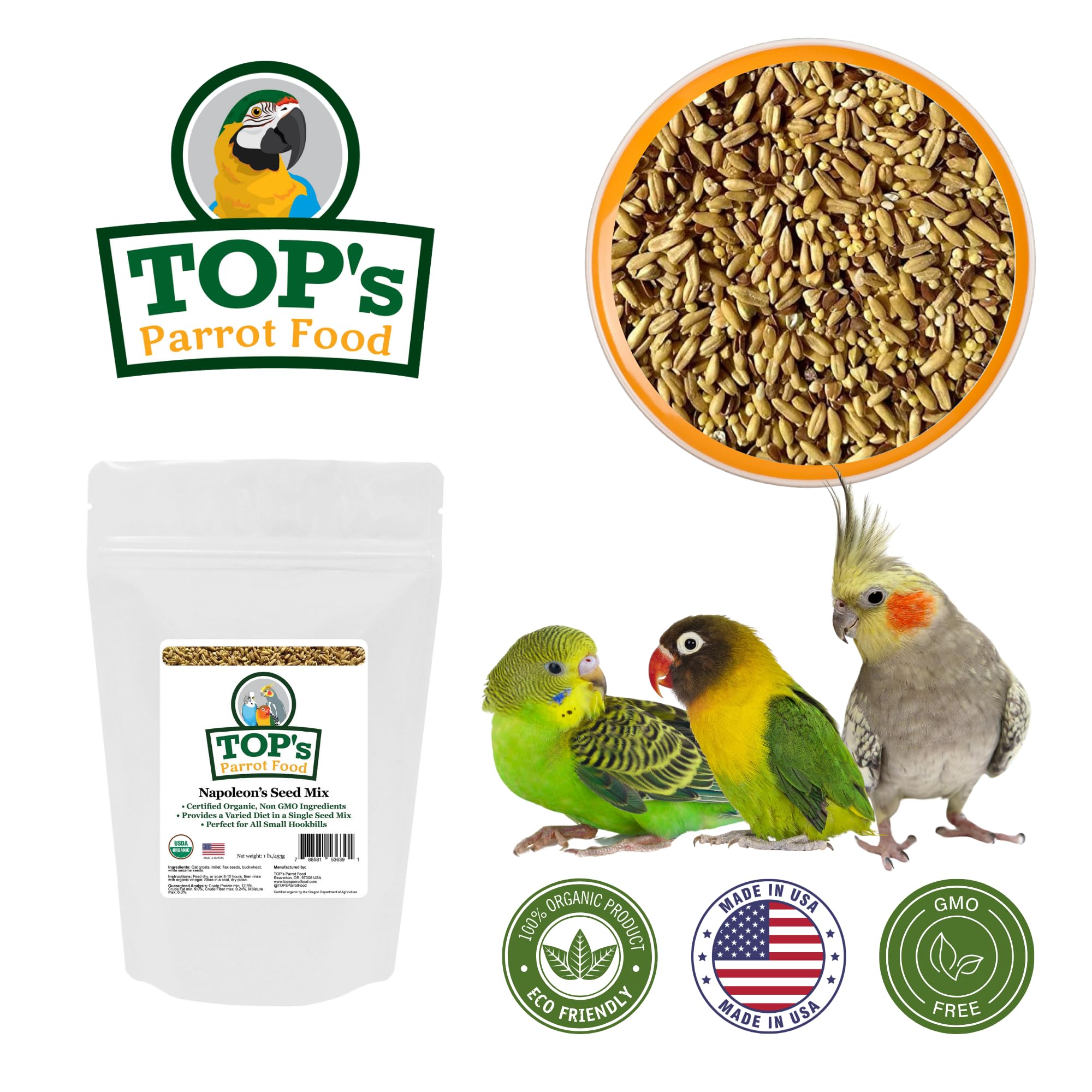 Dry feed in a bowl from TOP's Napoleon's Seed Mix for small parrots