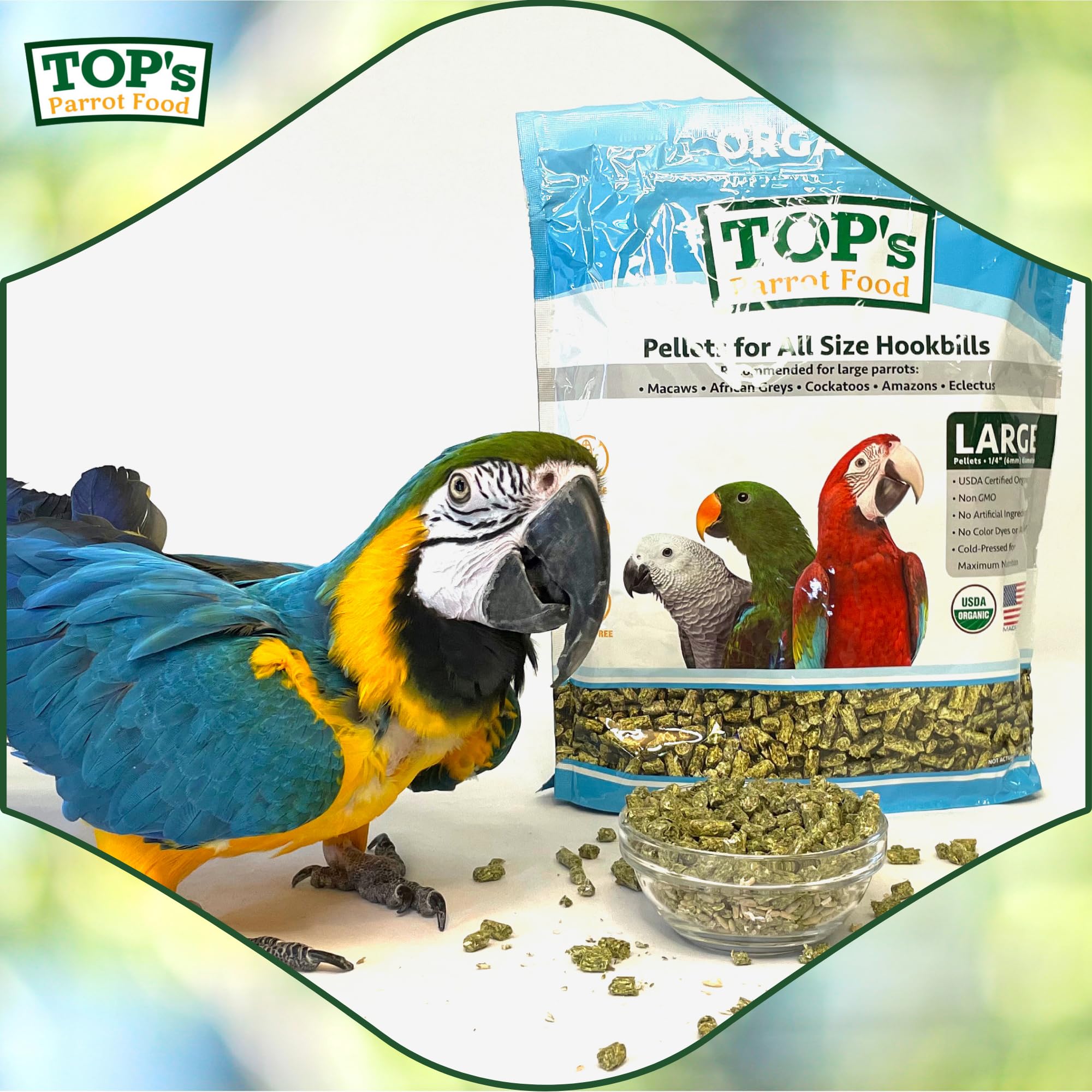 TOP's Parrot Food pellet size helps tailor servings for your bird.