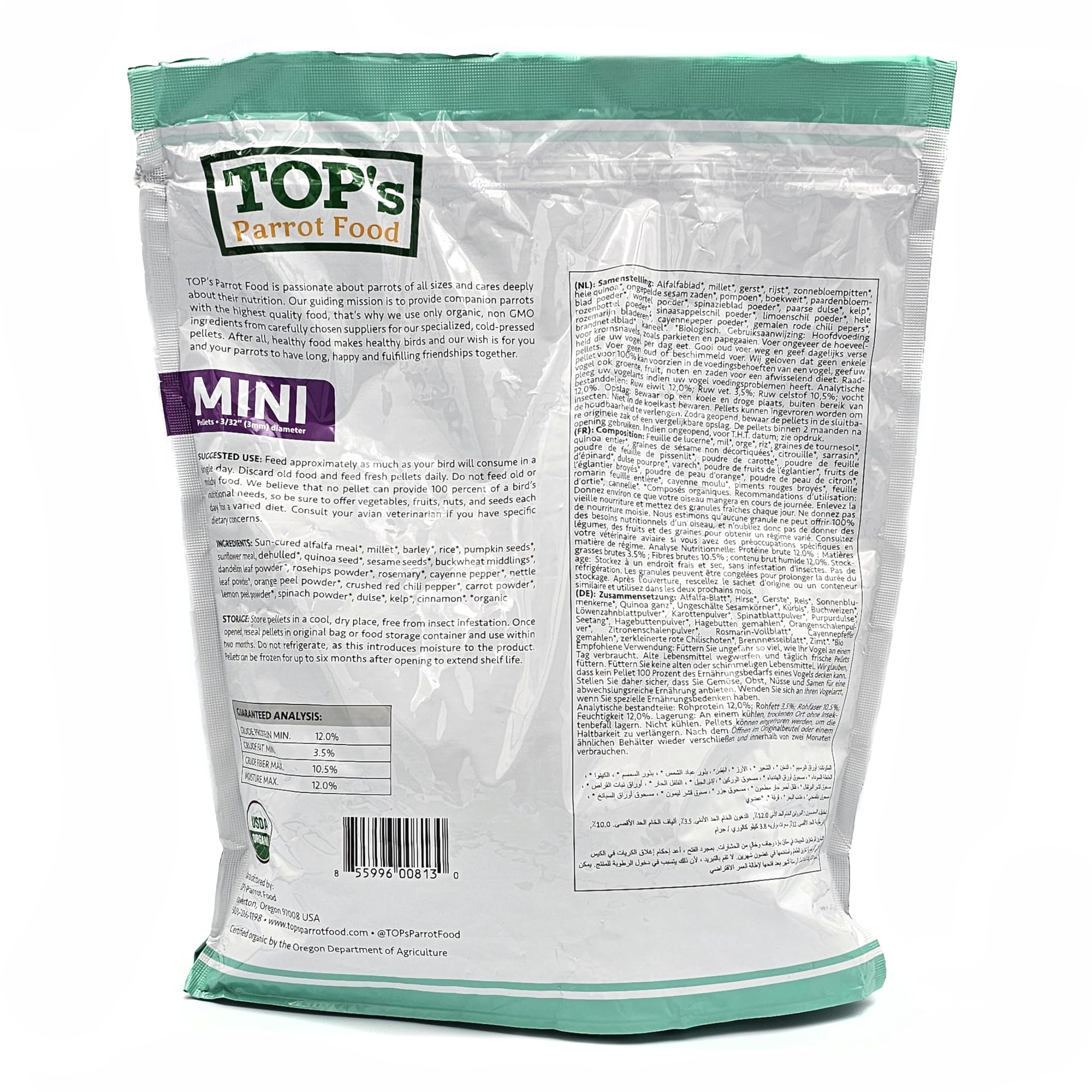TOP's Parrot Food Mini Pellets 4 lb bag ready for regular feeding