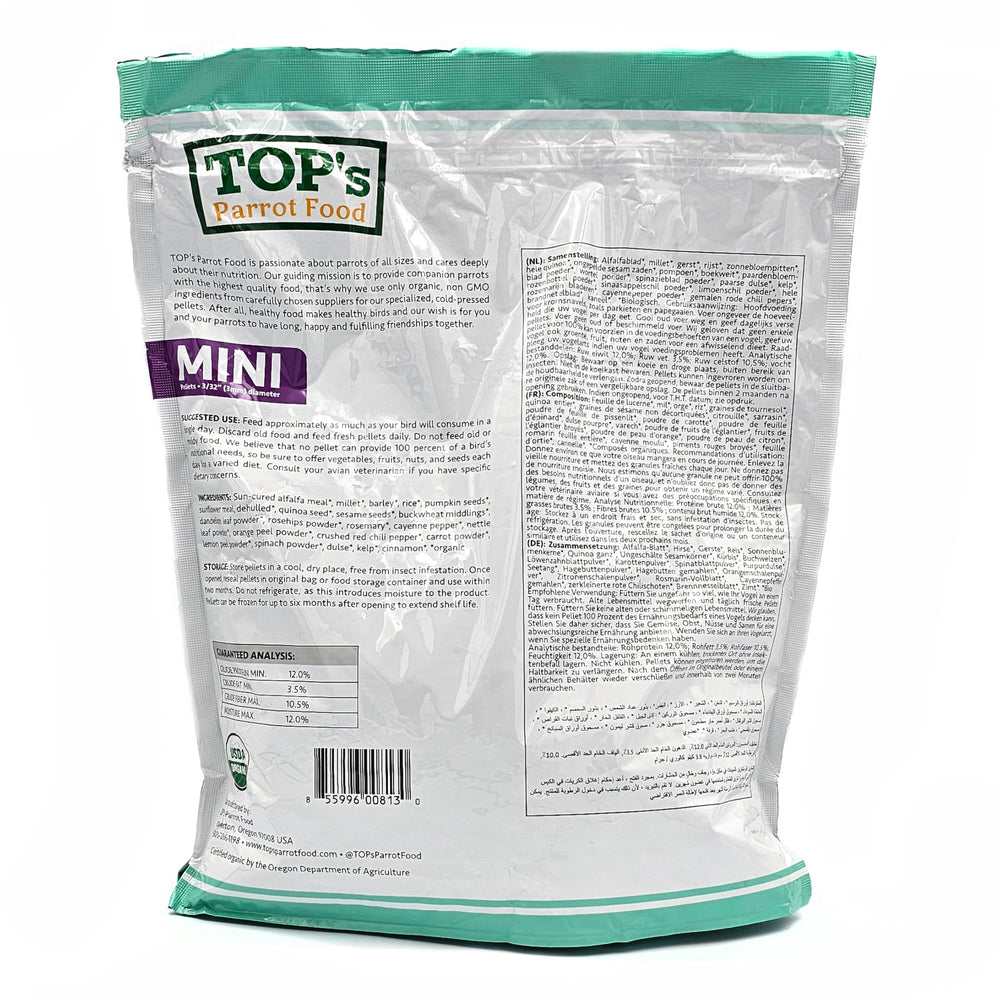 TOP's Parrot Food Mini Pellets 4 lb bag ready for regular feeding