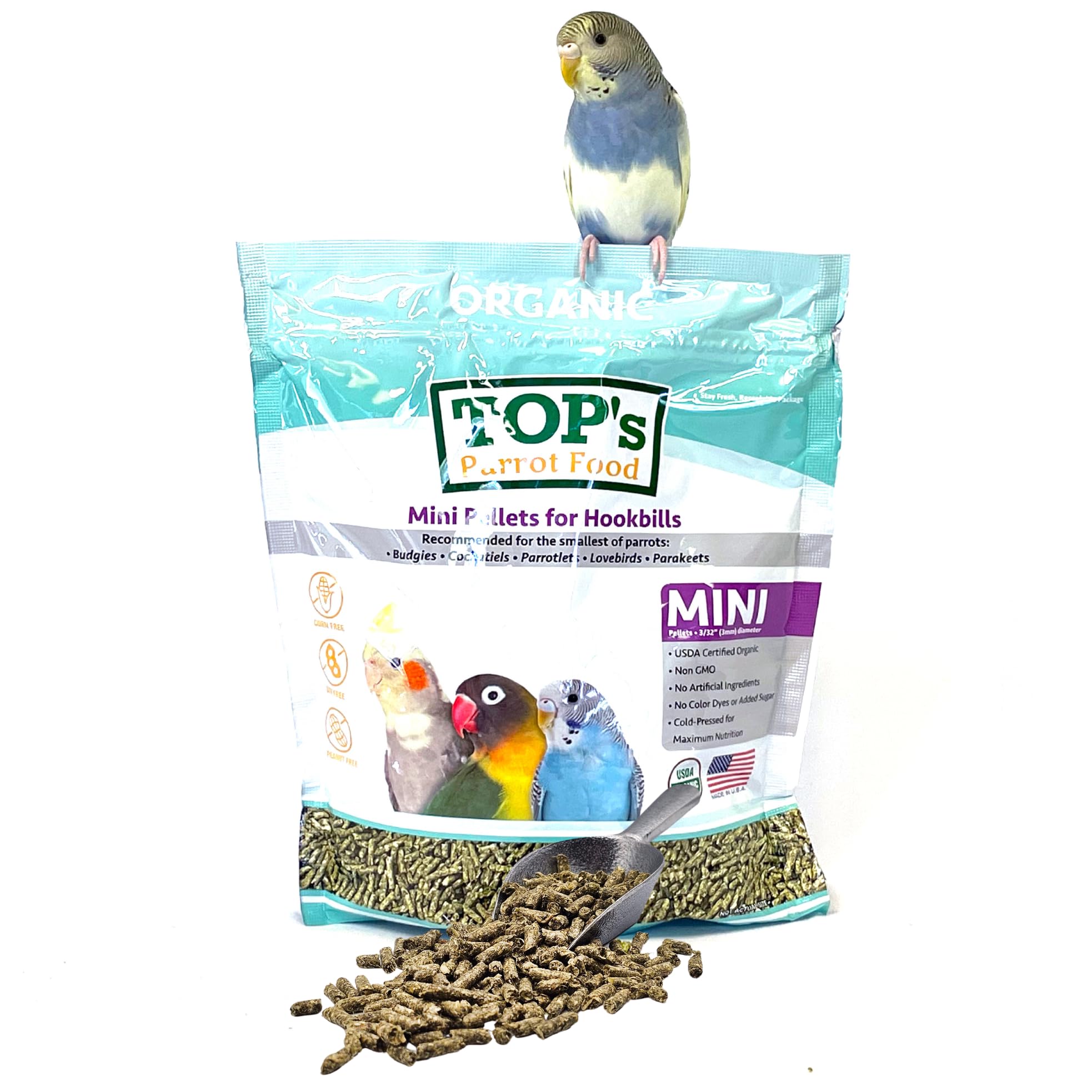 TOP's Parrot Food Mini Pellets in a dish for small birds, highlighting appropriate pellet size