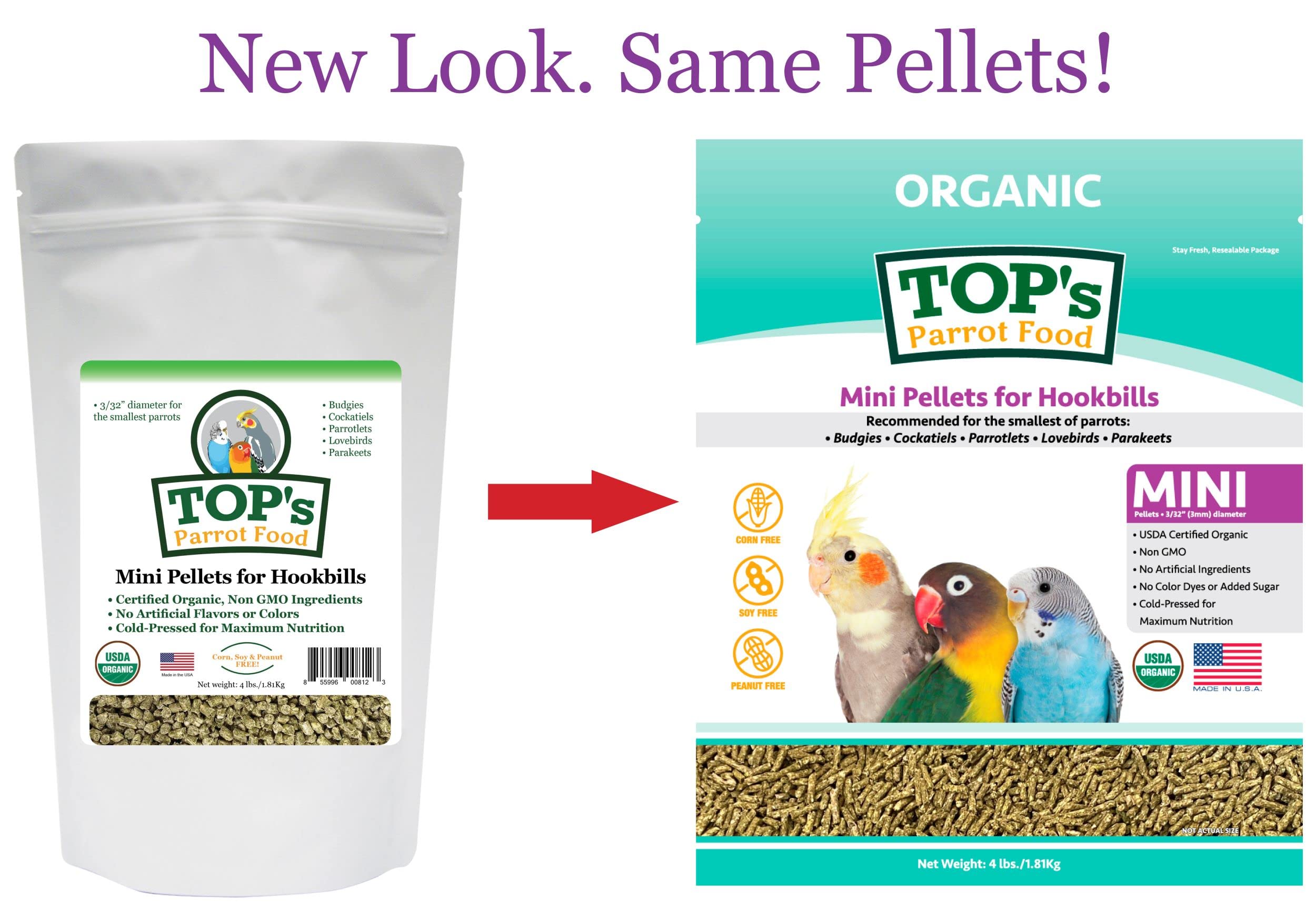TOP's Parrot Food Mini Pellets in a dish, easy portioning for small parrots