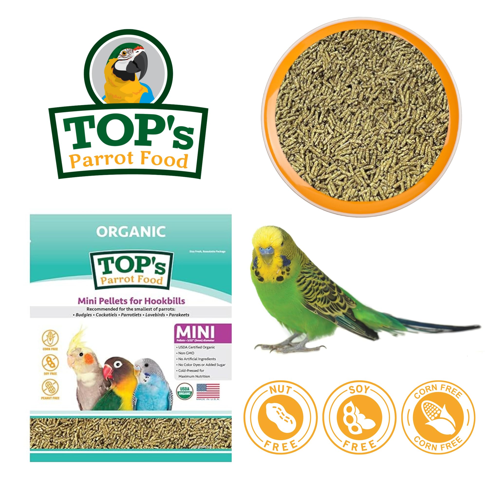 TOP's Parrot Food Mini Pellets with non GMO ingredients for clean eating