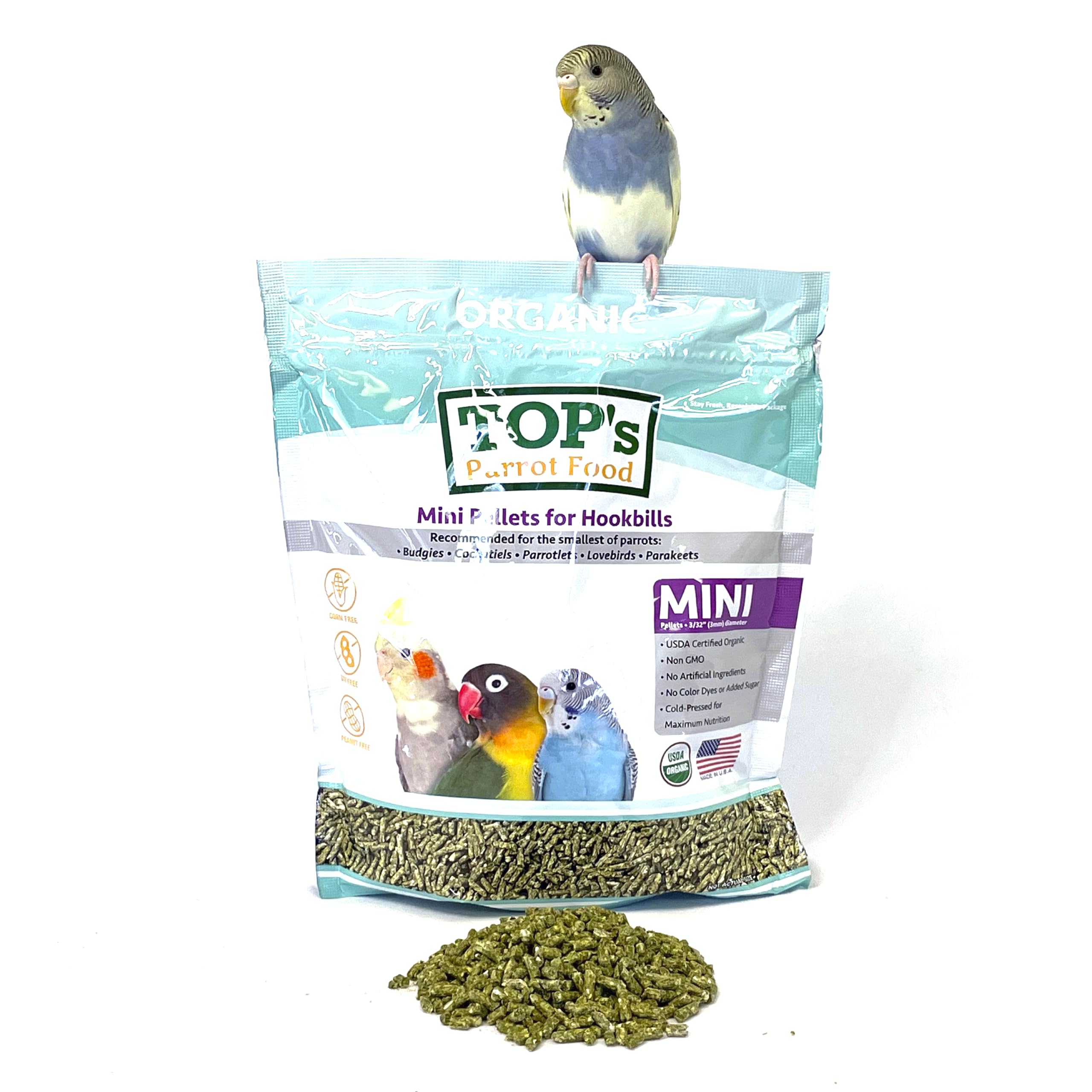TOP's Parrot Food Mini Pellets pack with non-GMO, corn-free formula for small birds.