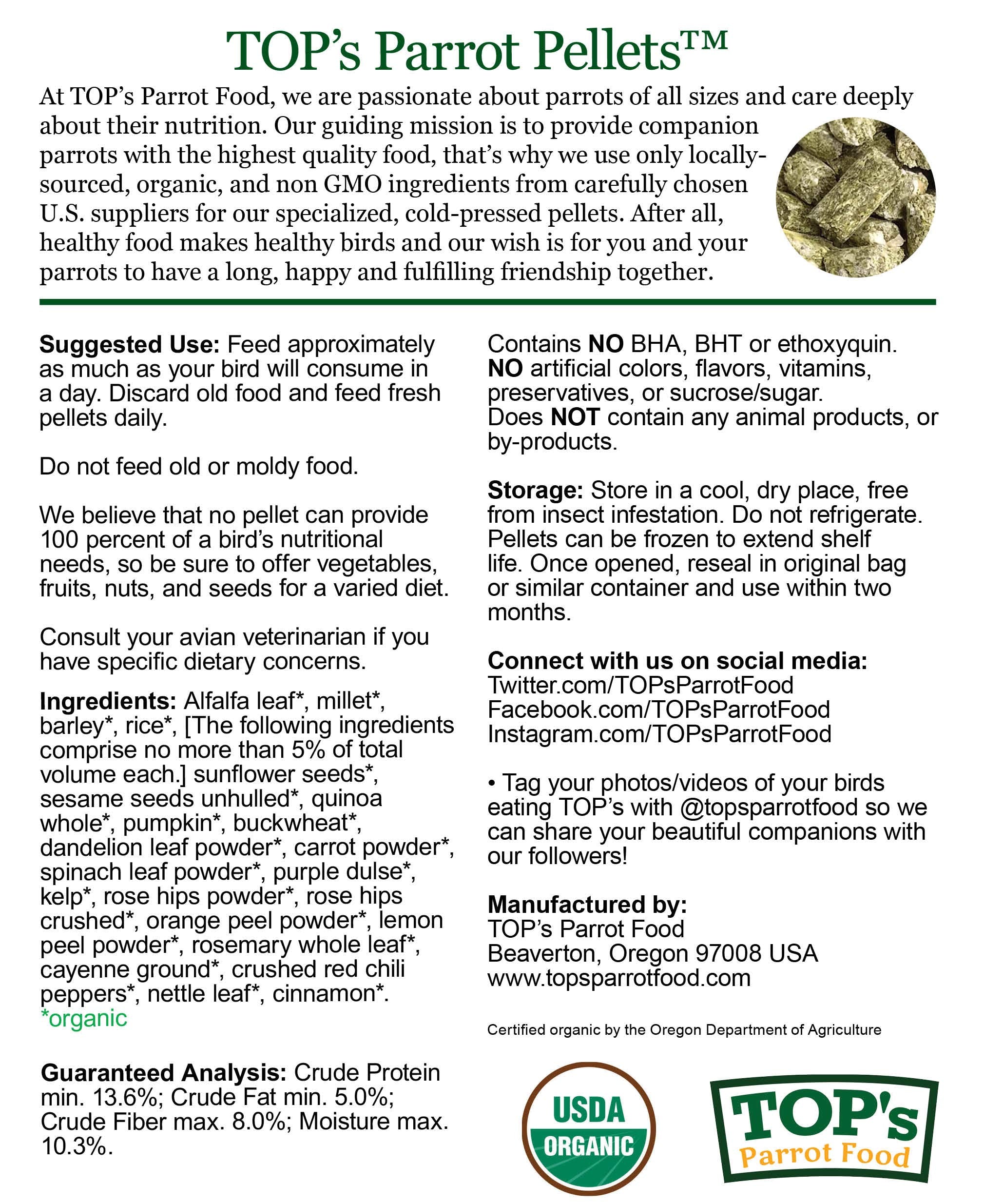 TOP's Parrot Food non-corn-based diet supports natural nutrition.