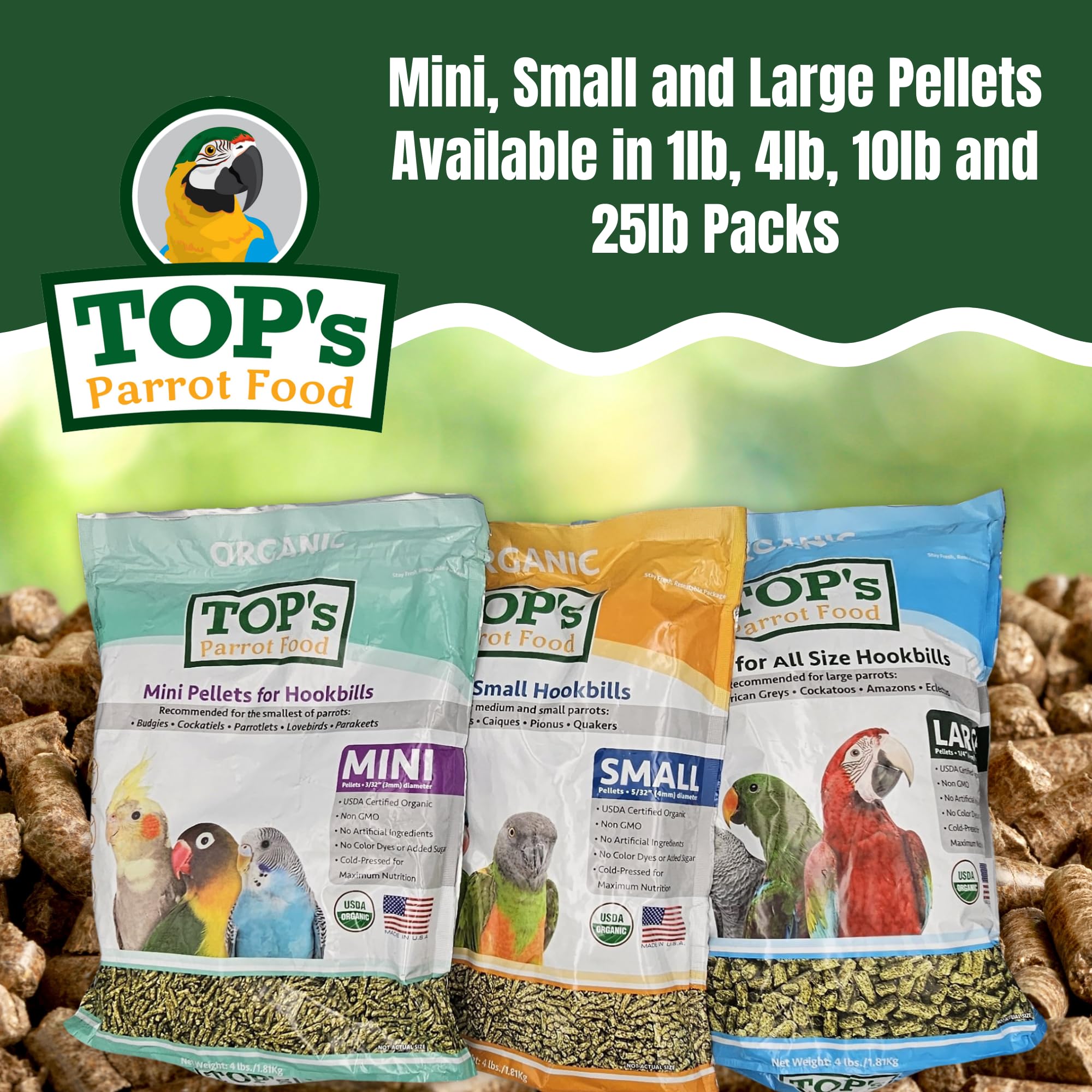 TOP's Parrot Food non-GMO corn-free label signals clean ingredients.