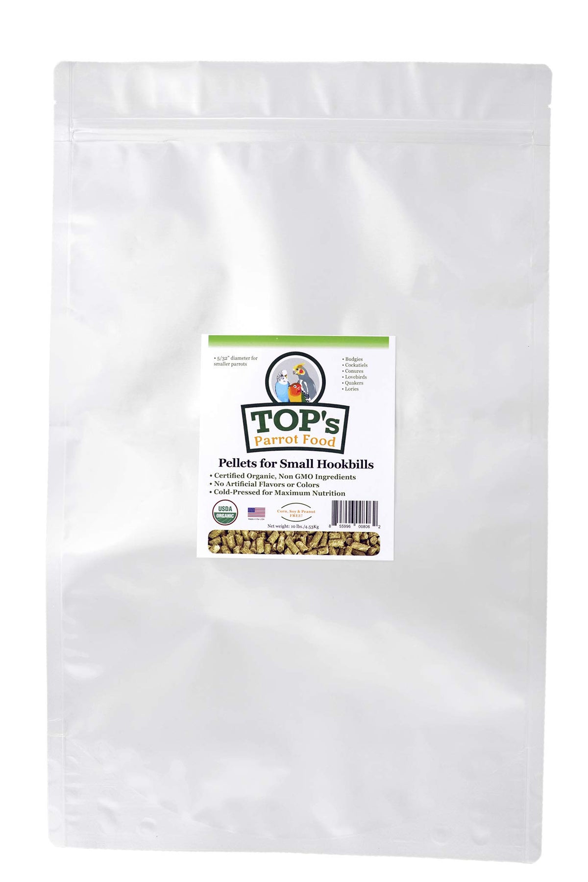 TOP's Parrot Food pellets in bag open for easy feeding.