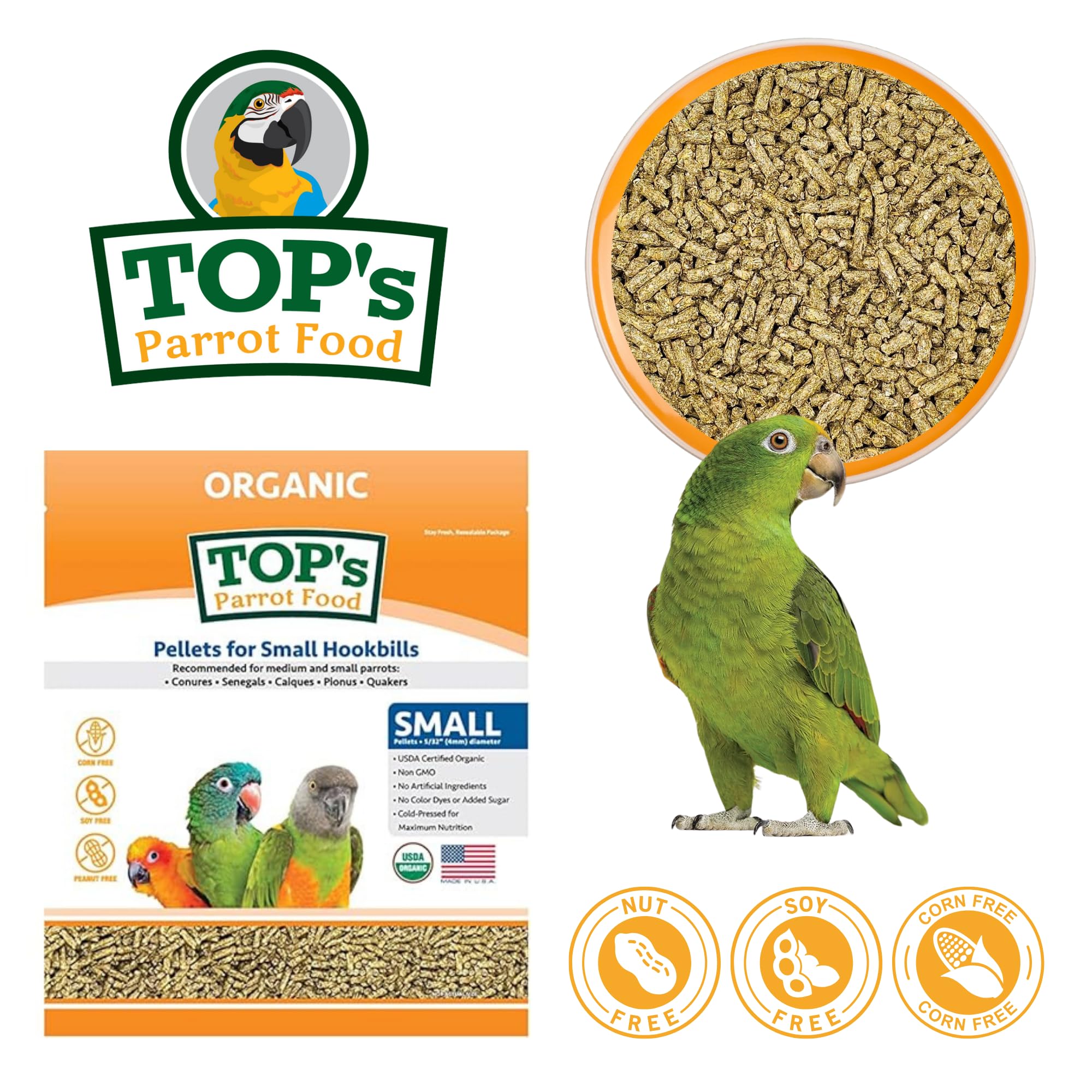 TOP's Parrot Food pellets in a bowl ready for small hookbills.