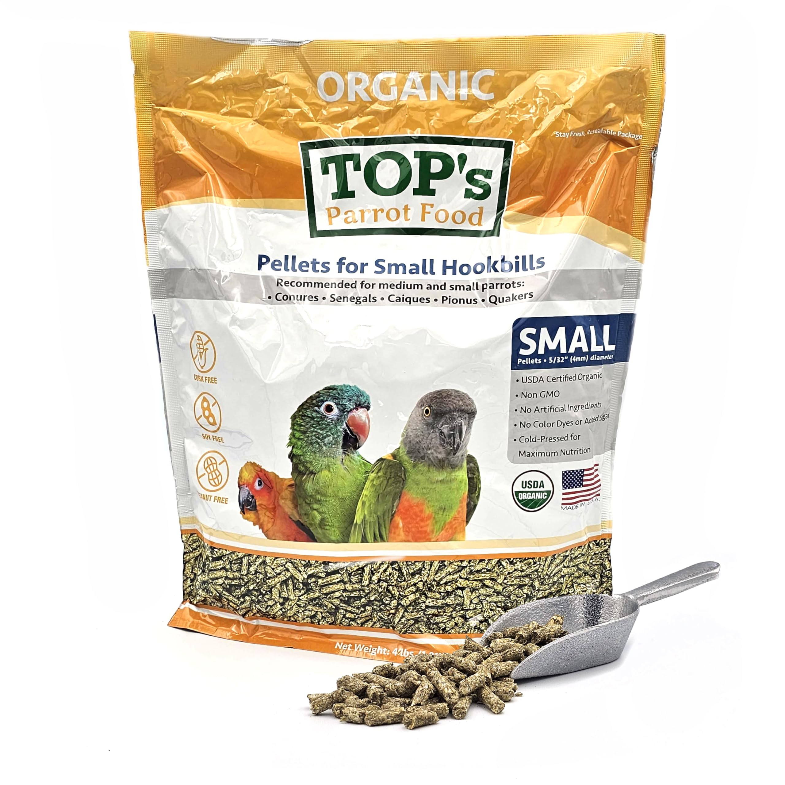 TOP's Parrot Food packaging for small hookbills supports easy storage and daily feeding.