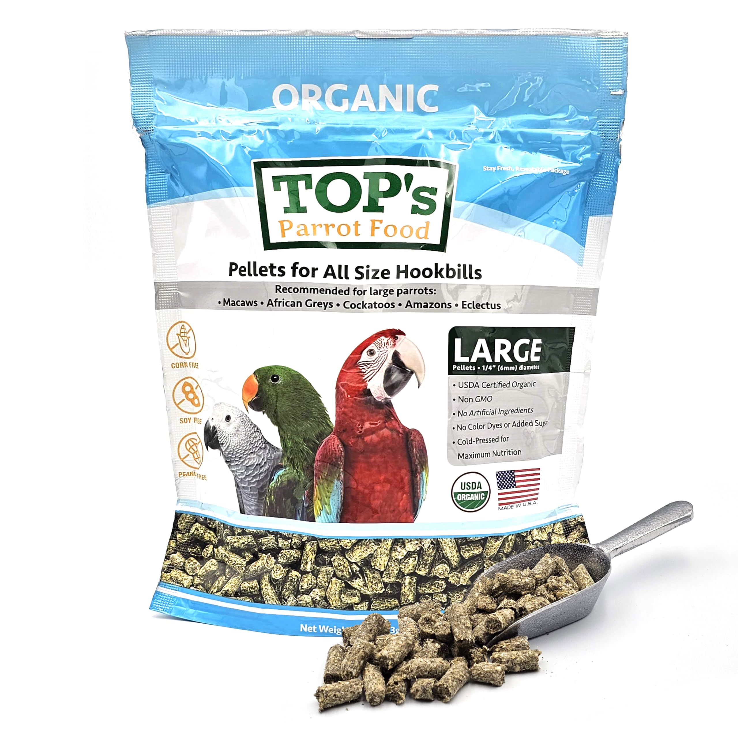 TOP's Parrot Food Pellets packaging for hookbills and diverse birds