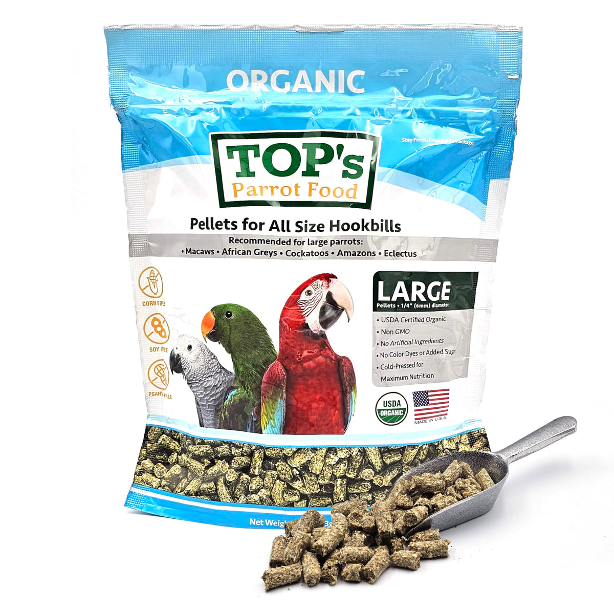 TOP's Parrot Food Pellets packaging for hookbills and diverse birds