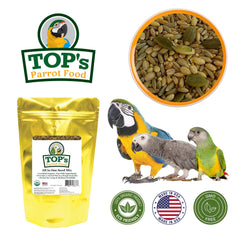 TOP's Parrot Food seed mix ingredients close-up shows diverse wholesome seeds for varied diet