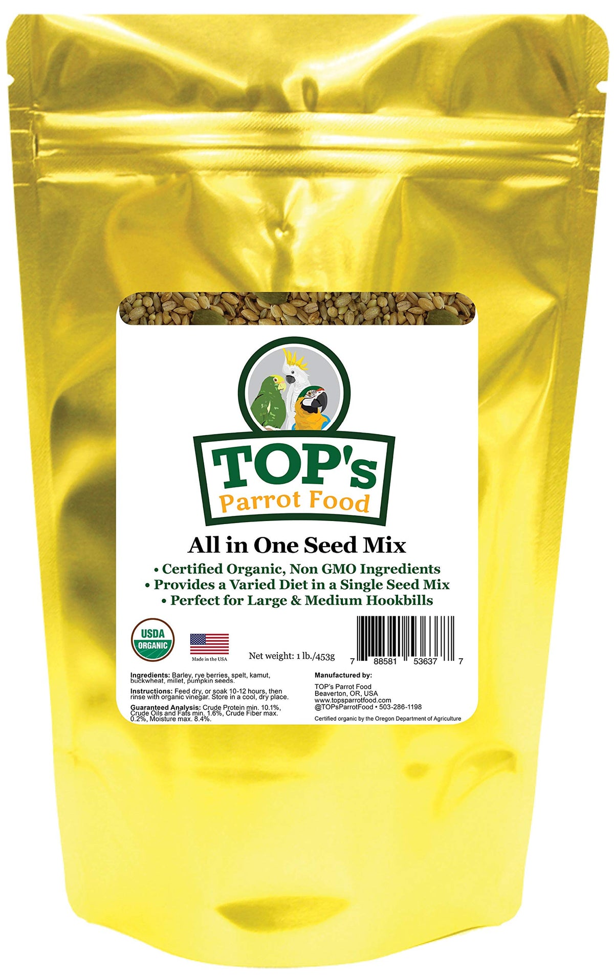 TOP's Parrot Food seed mix large bird packaging highlights all-in-one nutrition for large parrots