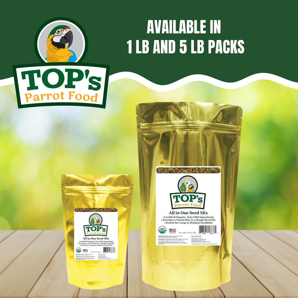 TOP's Parrot Food seed mix serving image demonstrates dry feeding option for parrots