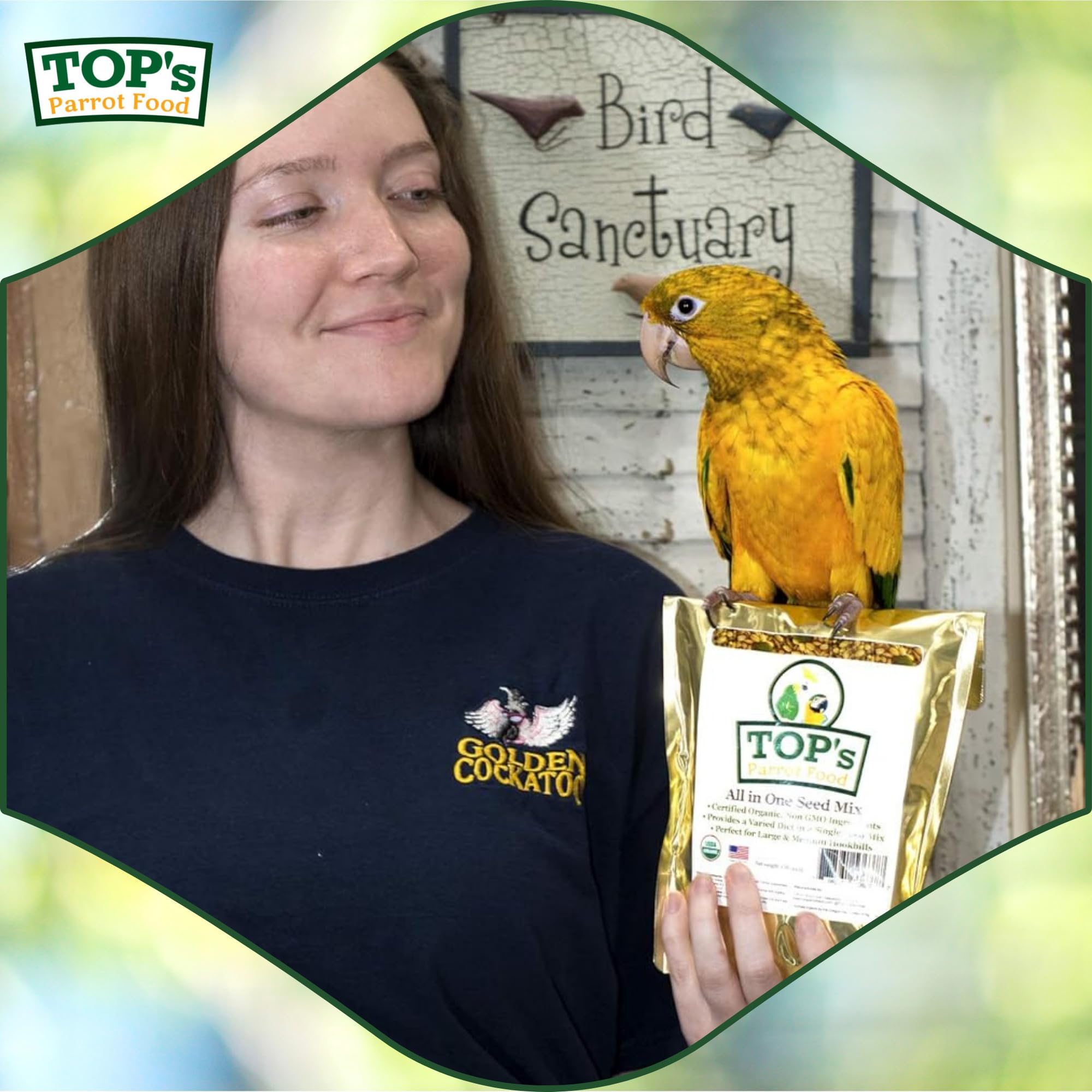 TOP's Parrot Food seed mix US-made label communicates quality and freshness