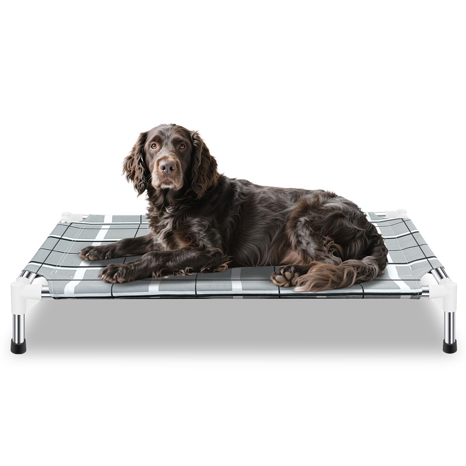 Topsmartking elevated outdoor dog bed with a stainless steel frame for durable outdoor use.