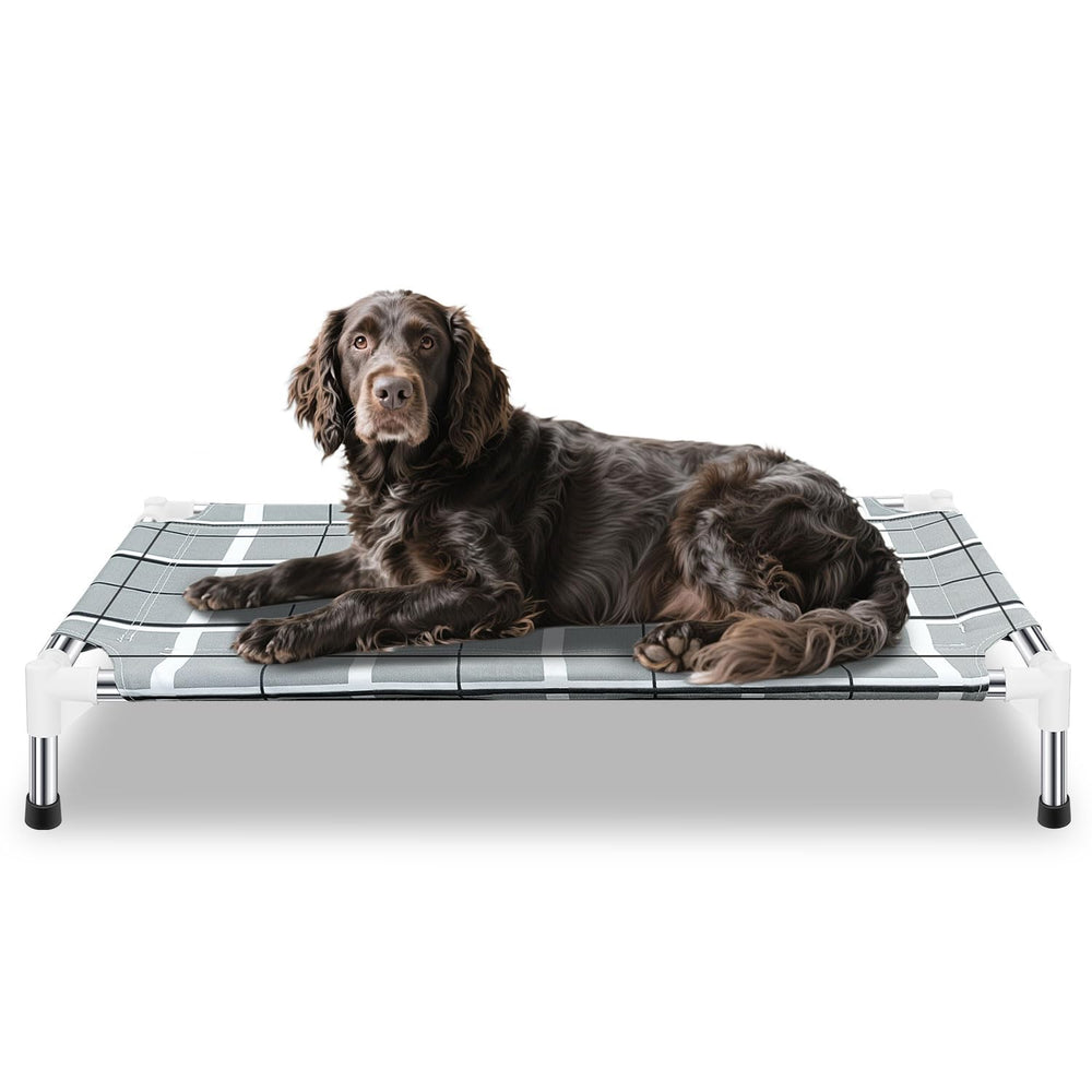 Topsmartking elevated outdoor dog bed with a stainless steel frame for durable outdoor use.