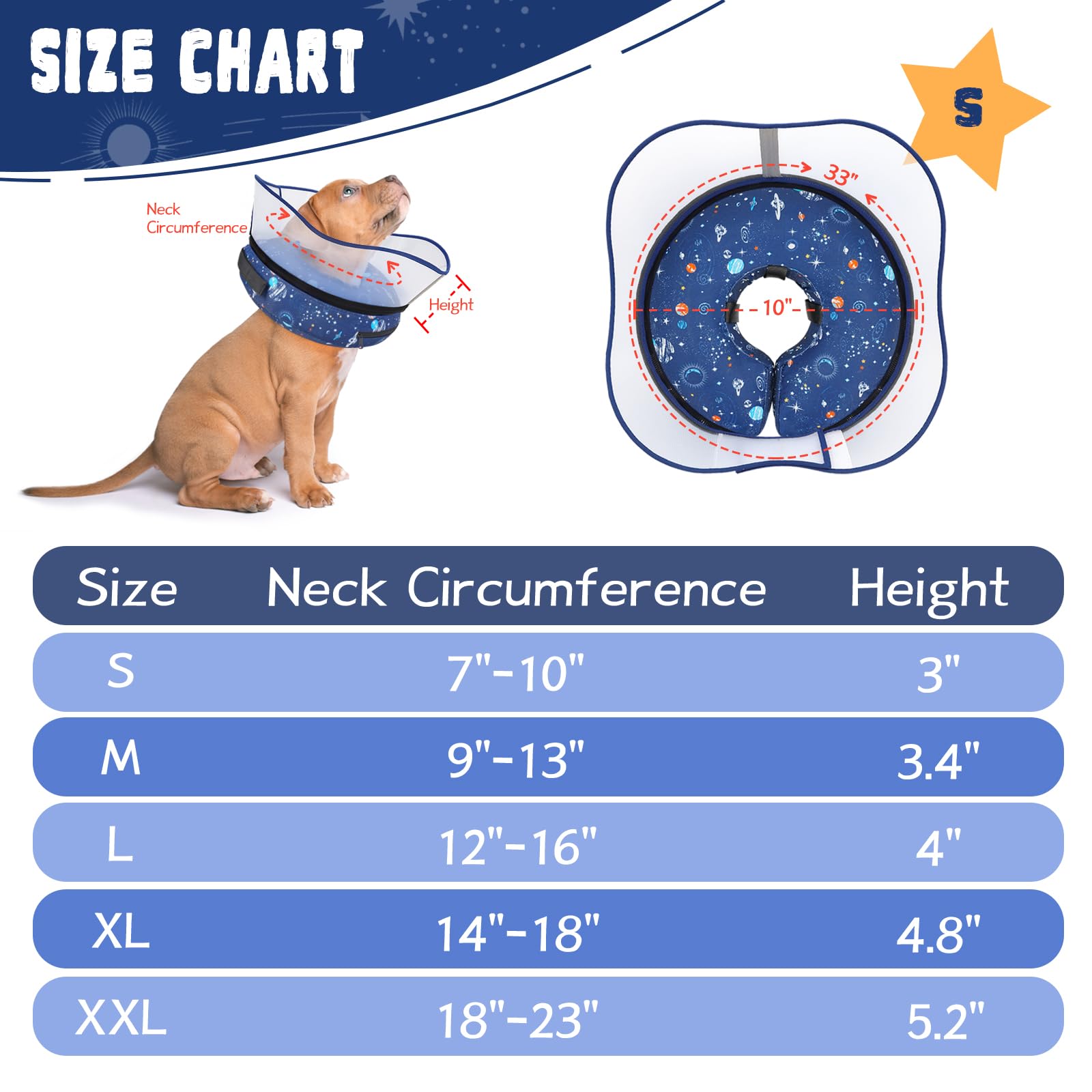 Adjustable neck opening with hook-and-loop keeps collar snug on all sizes.
