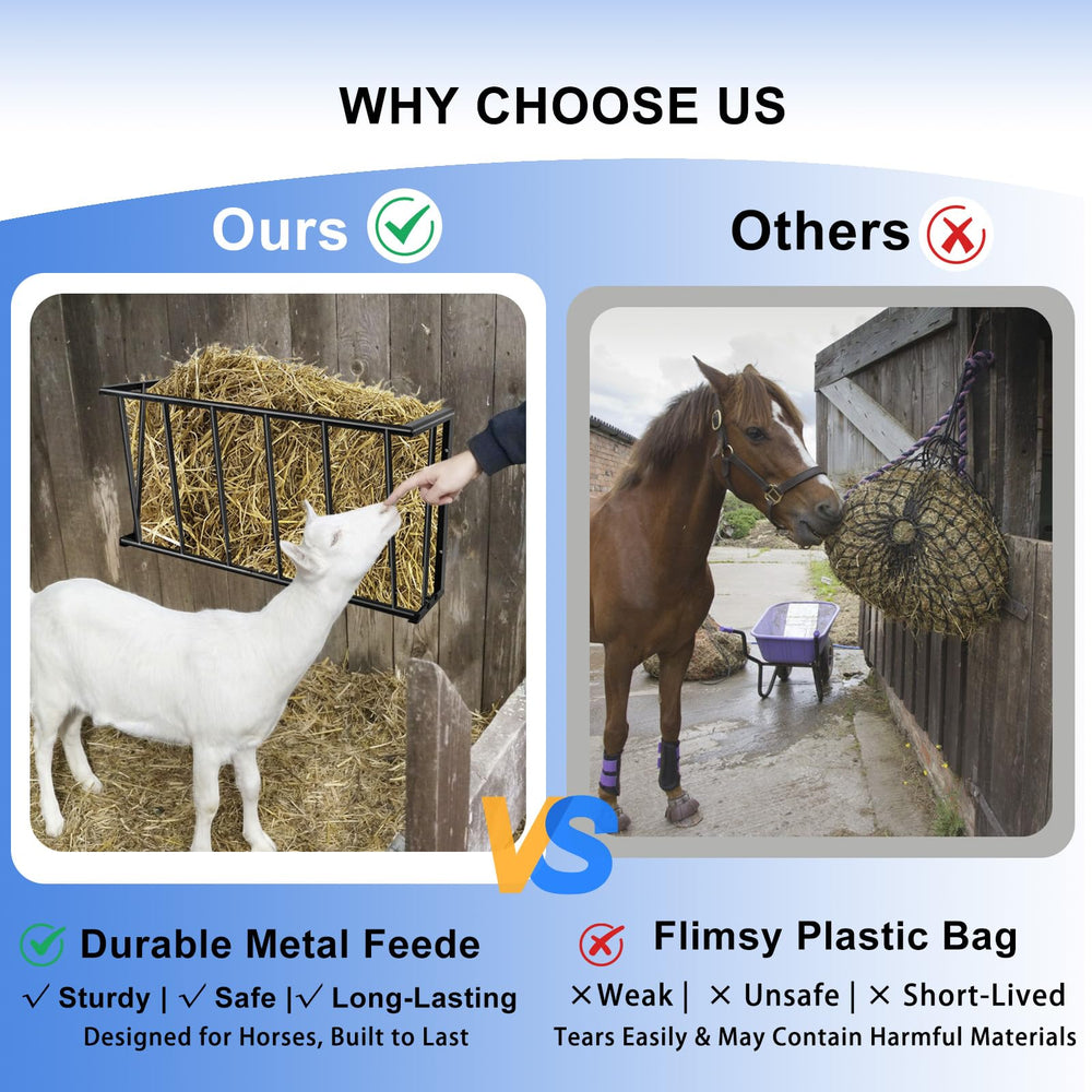 Topyznsup hay feeder open design allows easy access for animals.