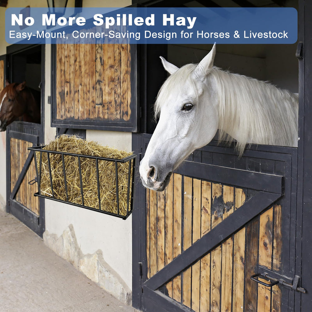 Topyznsup hay rack mounted on barn wall saves space.