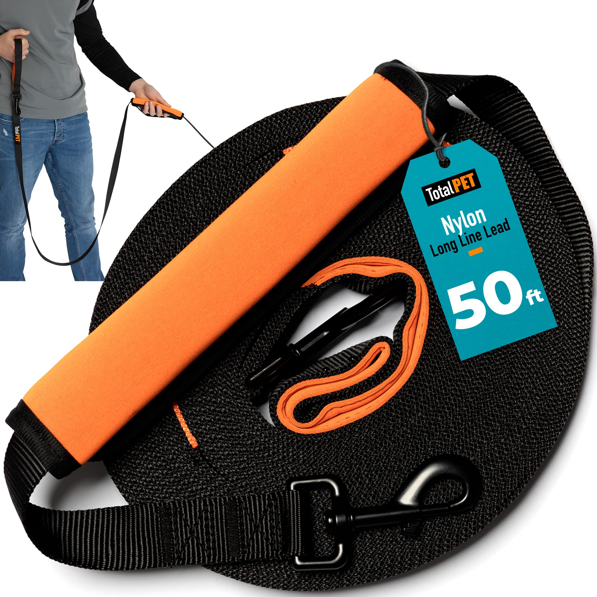 Total Pet 50ft dog leash for recall training at distance.