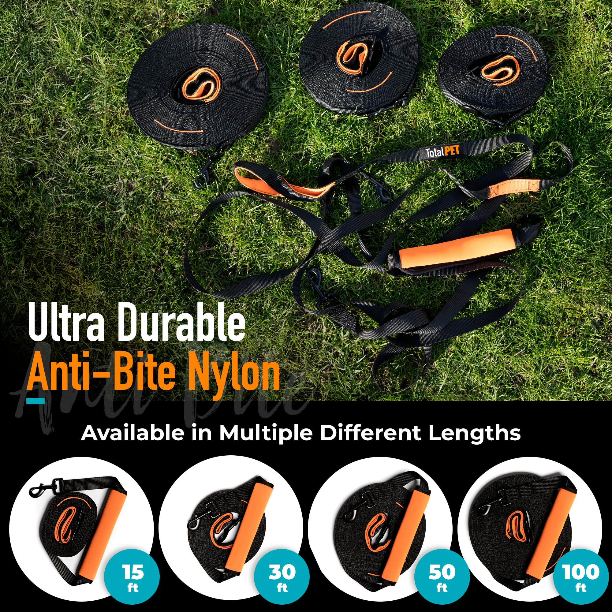 Total Pet long leash heavy-duty nylon construction and durability