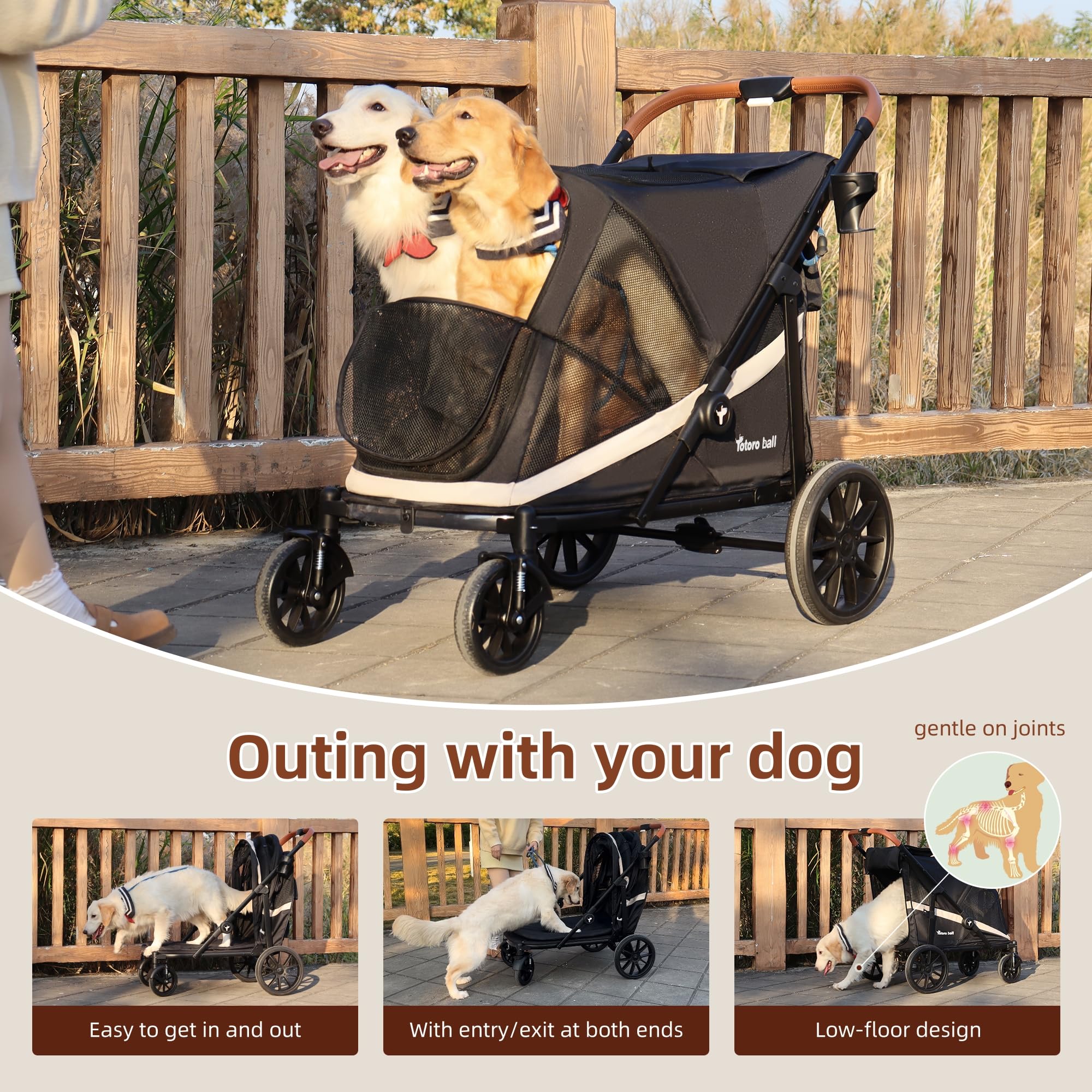 Totoro Ball dog stroller side view highlighting four-wheel stability on varied terrain.