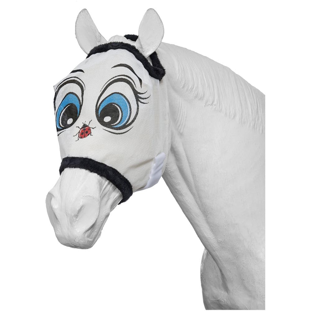 Tough 1 Ladybug mesh fly mask on a yearling pony, protects eyes from insects with bright, playful style
