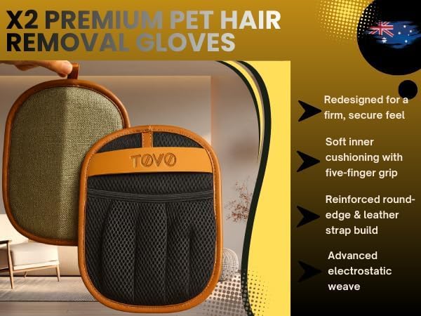 Tovo Prime pet hair remover gloves, back view; secure strap for steady cleaning.