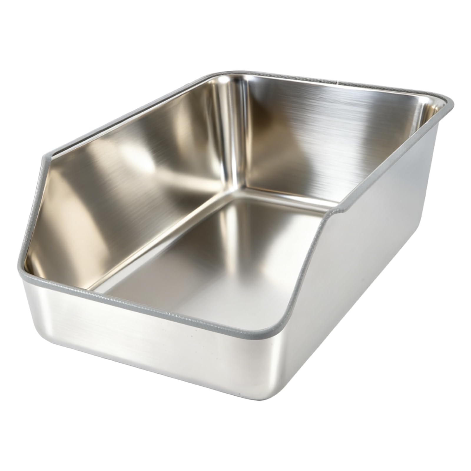 TownTime stainless steel cat litter box with high sides reduces scatter and spills.
