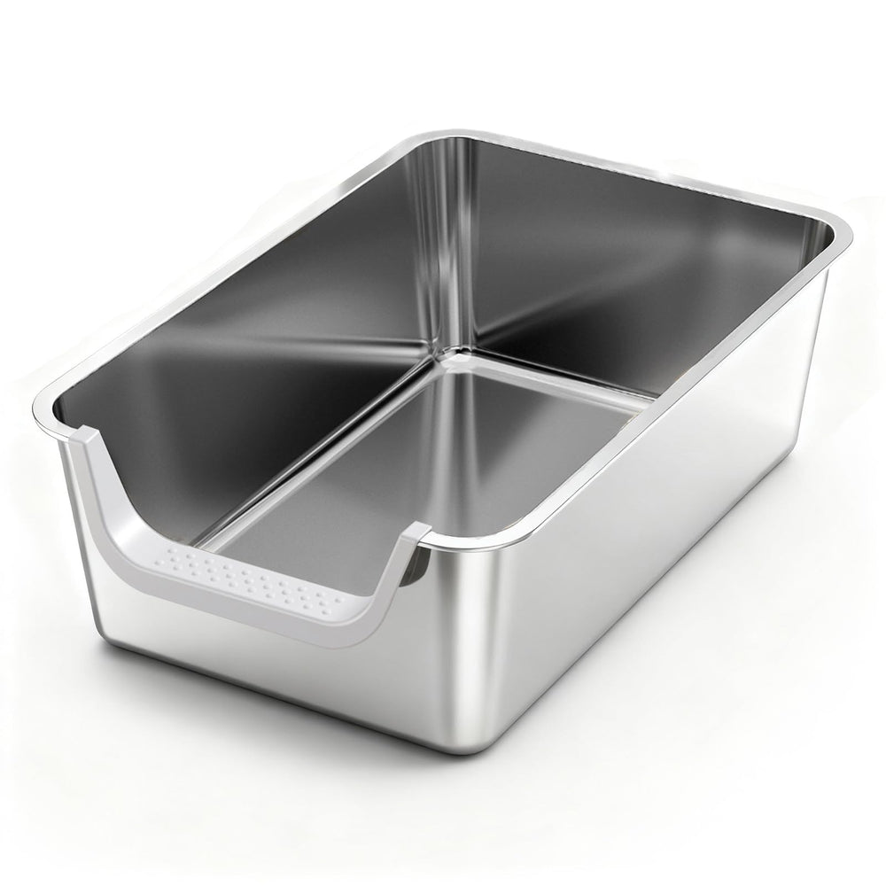TownTime stainless steel litter box with high sides for large cats, reducing litter scatter.