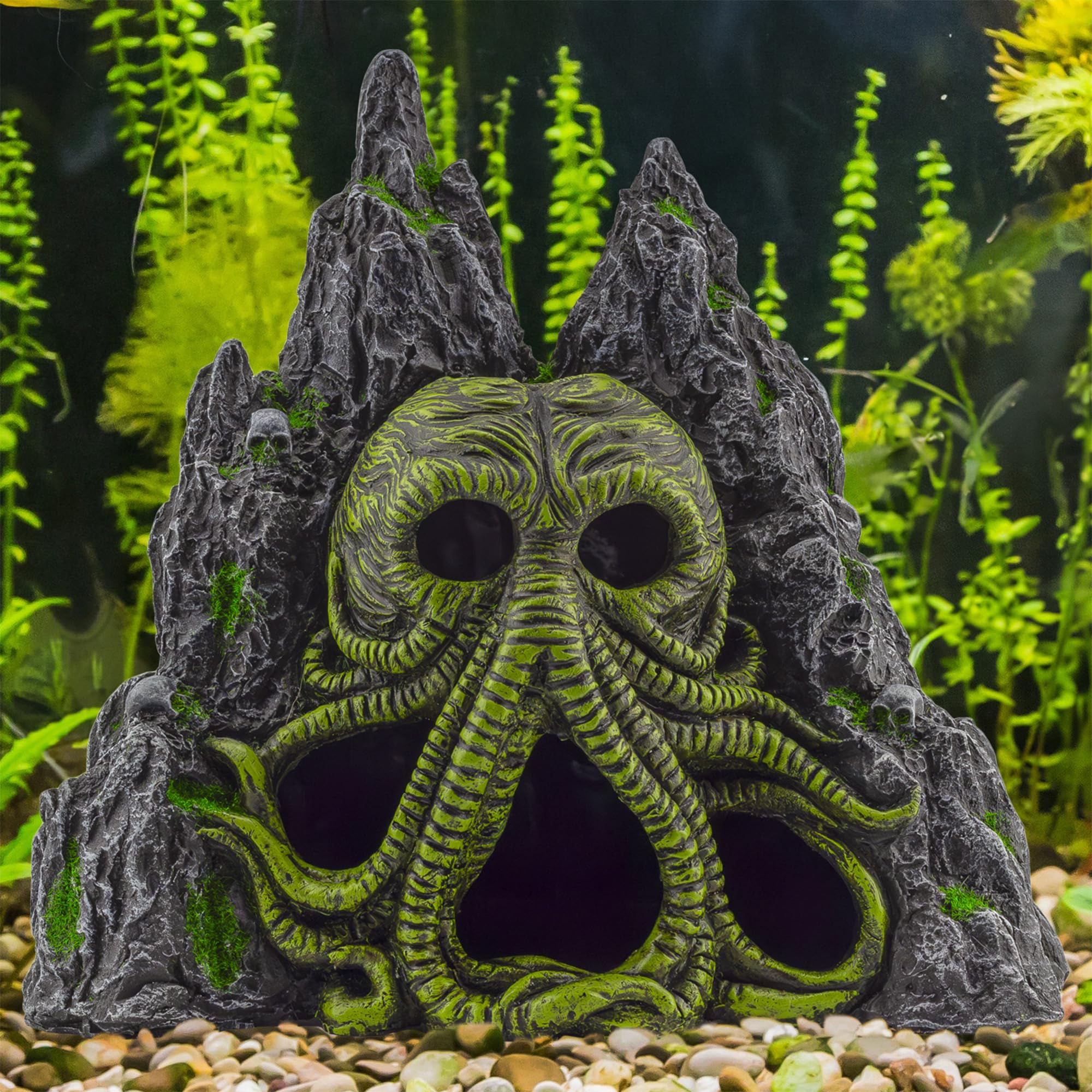 Toy Vault Cthulhu monster aquarium cave side view showcases rugged cavern silhouette.