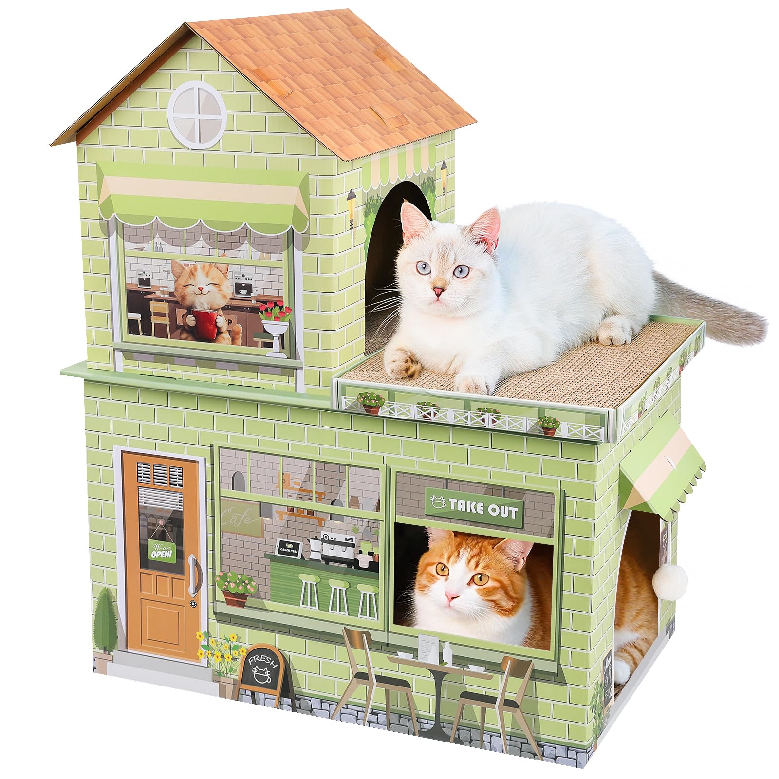 TOYSBOOM cafe themed cat house offers cozy lounging and playful cat moments.