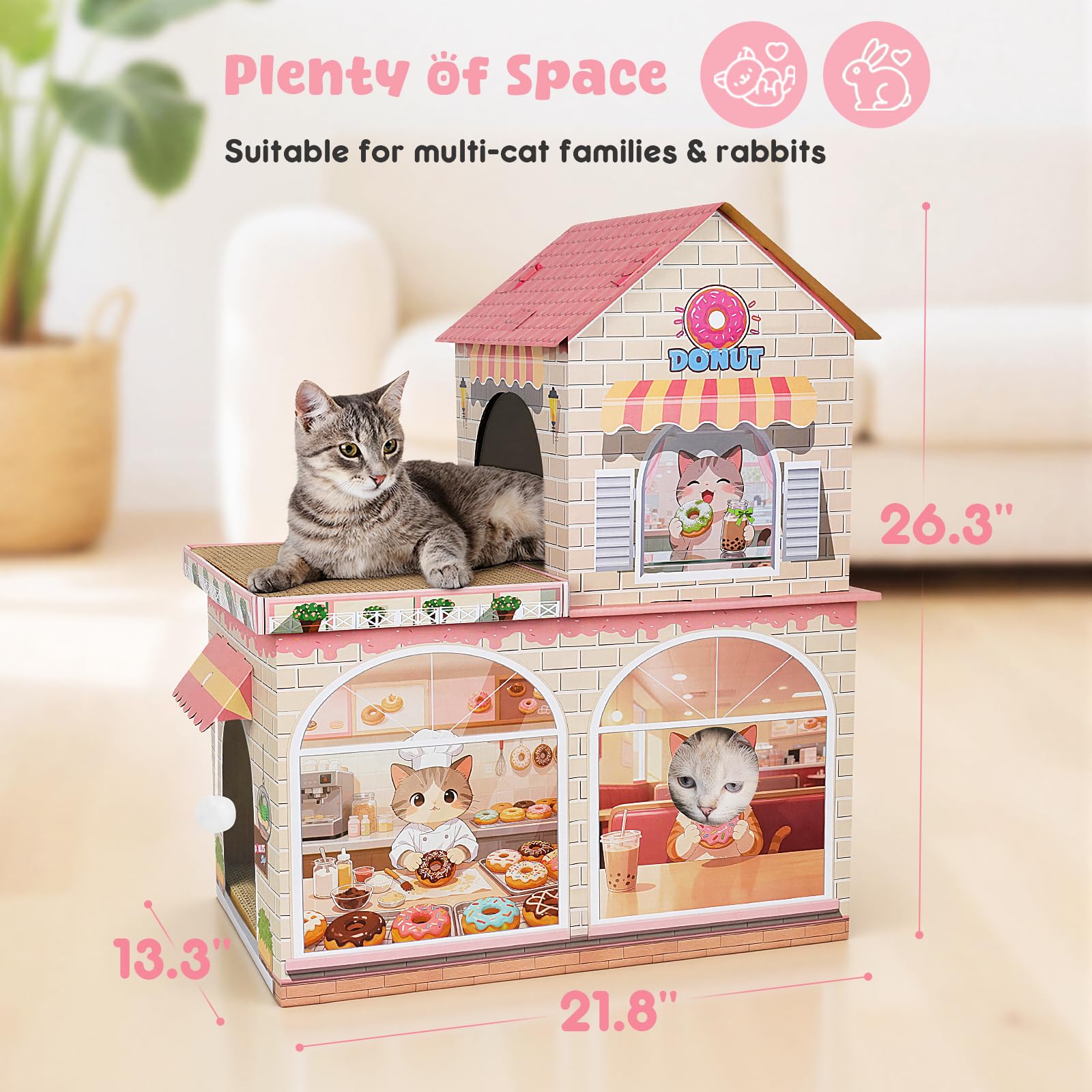 TOYSBOOM Donut Cat House fuzzy ball included for interactive play.