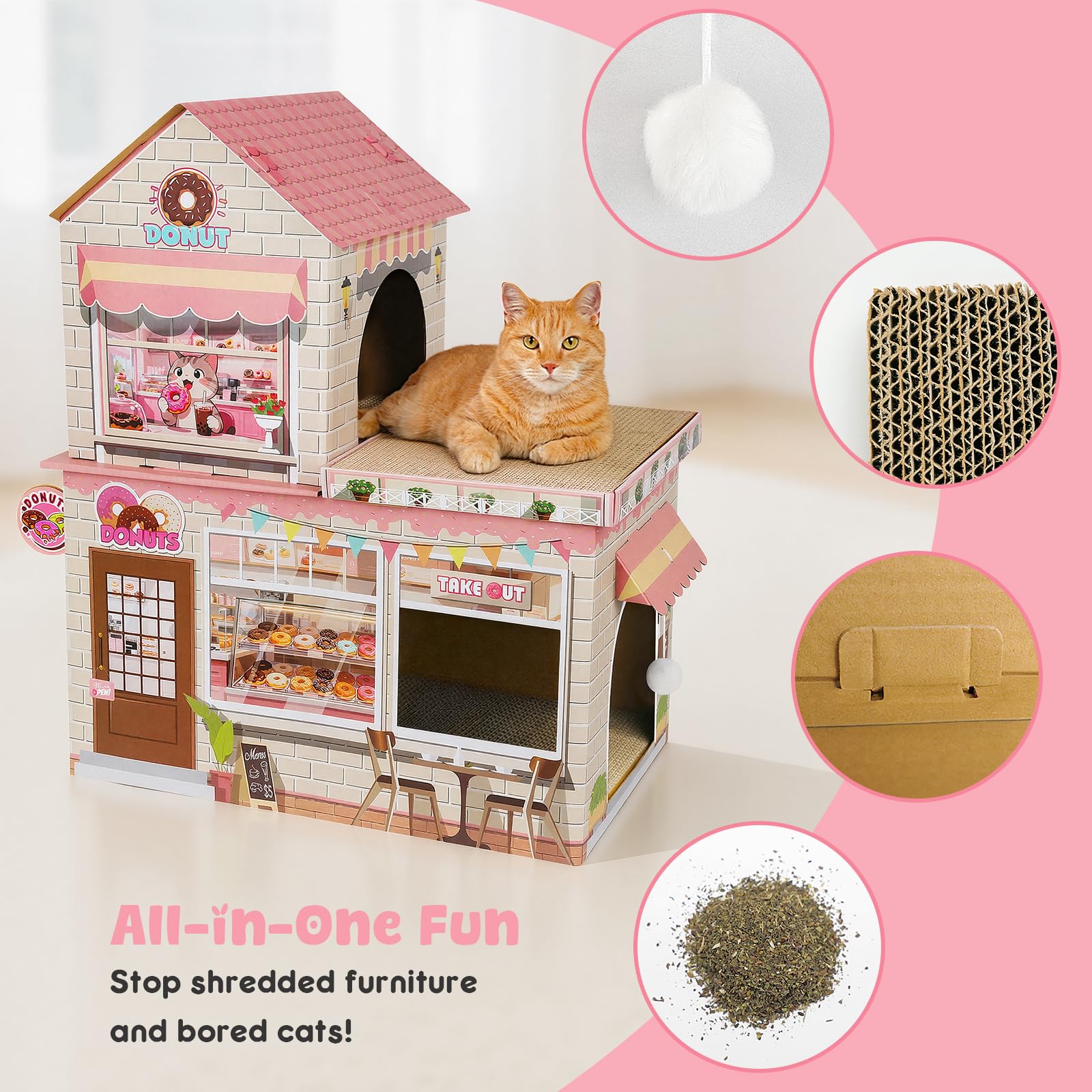 TOYSBOOM Donut Cat House peekaboo windows boost bonding and curiosity.