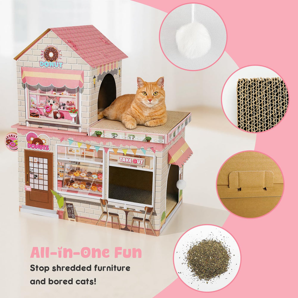TOYSBOOM Donut Cat House peekaboo windows boost bonding and curiosity.