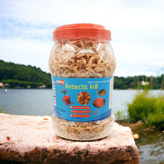 Close-up of freeze-dried krill and shrimp pieces from Toyuto for color and growth-friendly nutrition for tanks.
