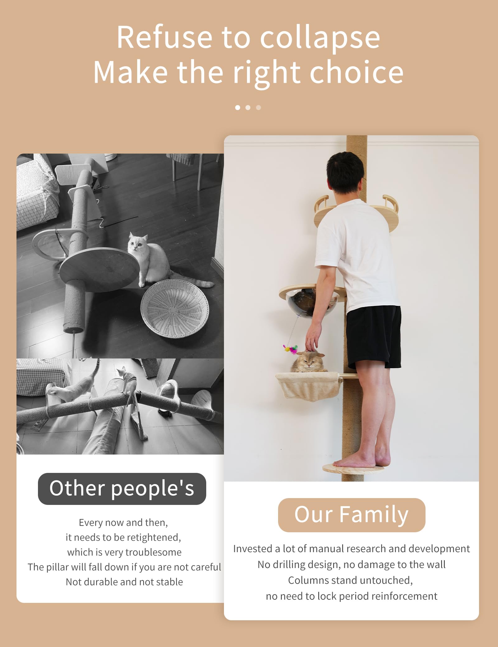 TQEW top support rods demonstrate stability for tall cat trees.