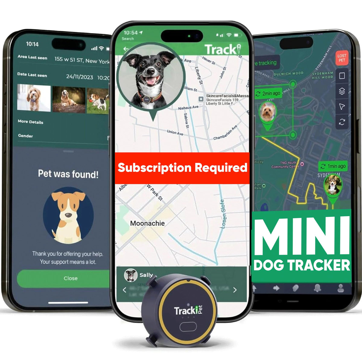 Tracki Dog GPS Tracker on collar for real-time location and safety checks.