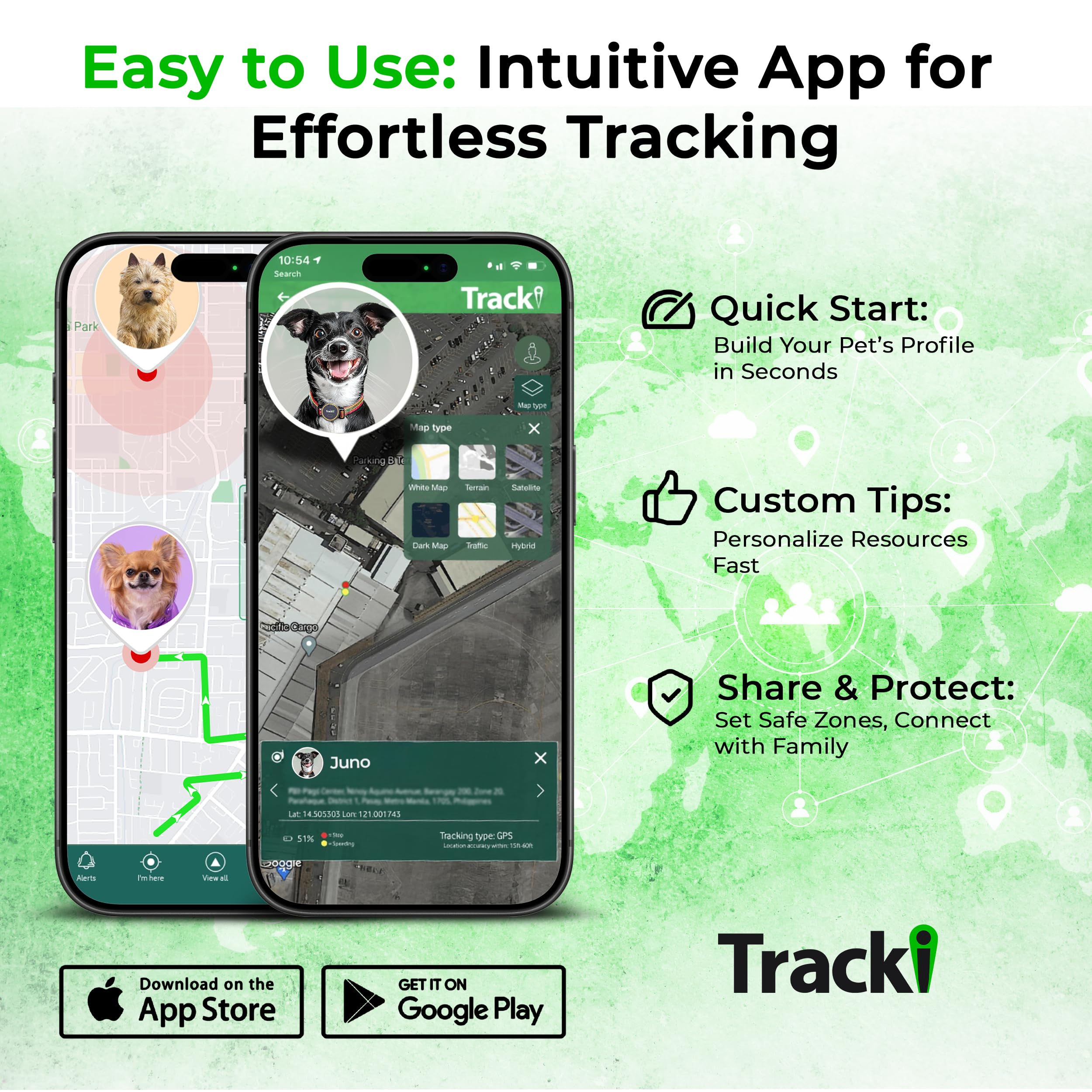 Tracki long-life battery supports extended use between charges for everyday adventures.