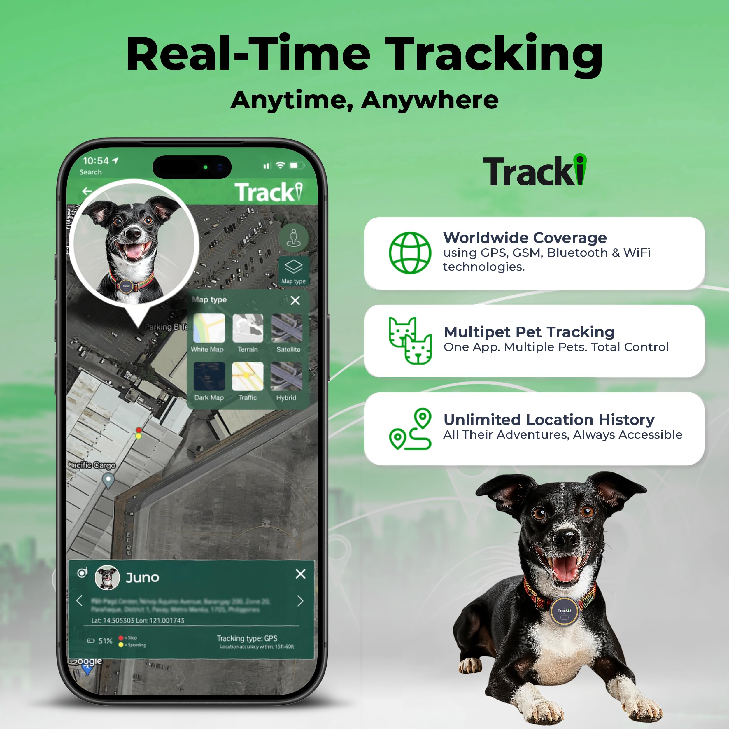 Tracki waterproof IP67 dog tracker withstands rain and splashes during outdoor adventures.