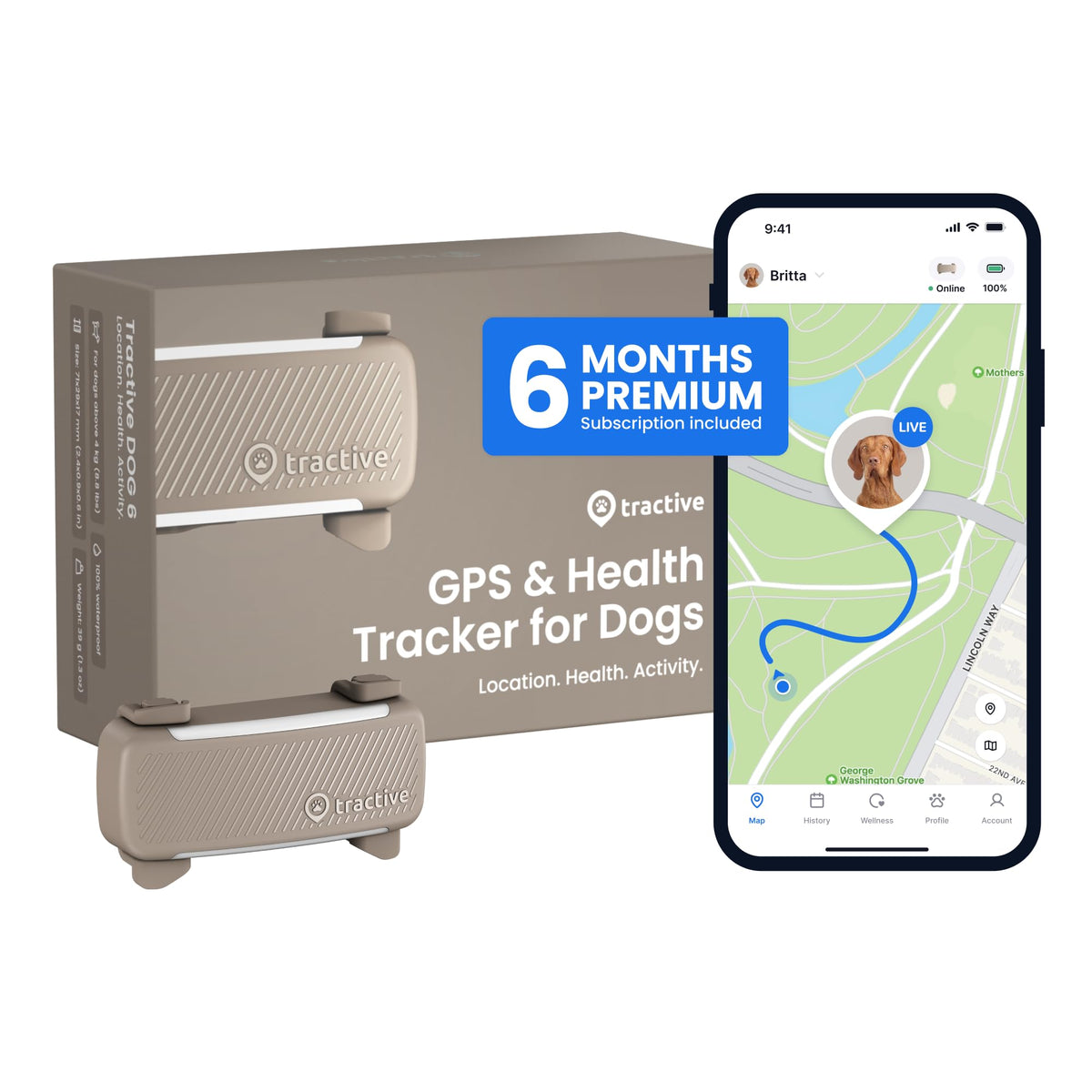 Tractive Smart Dog GPS Tracker demonstrating battery life up to 10 days for adventures.