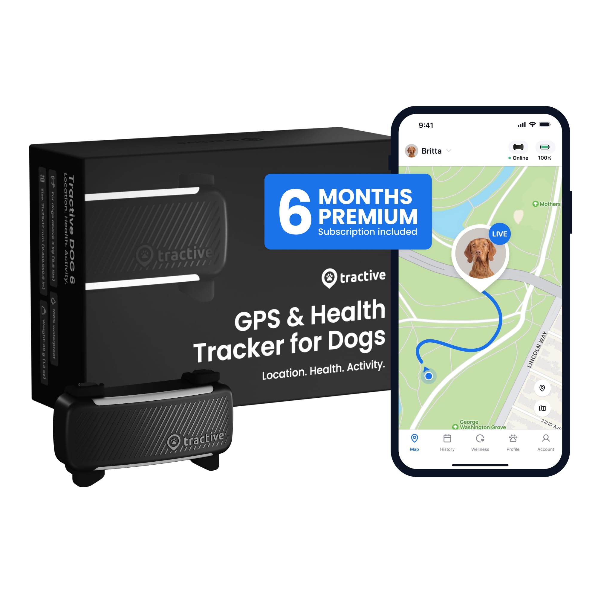 Tractive Smart Dog GPS Tracker front view with real-time location updates.