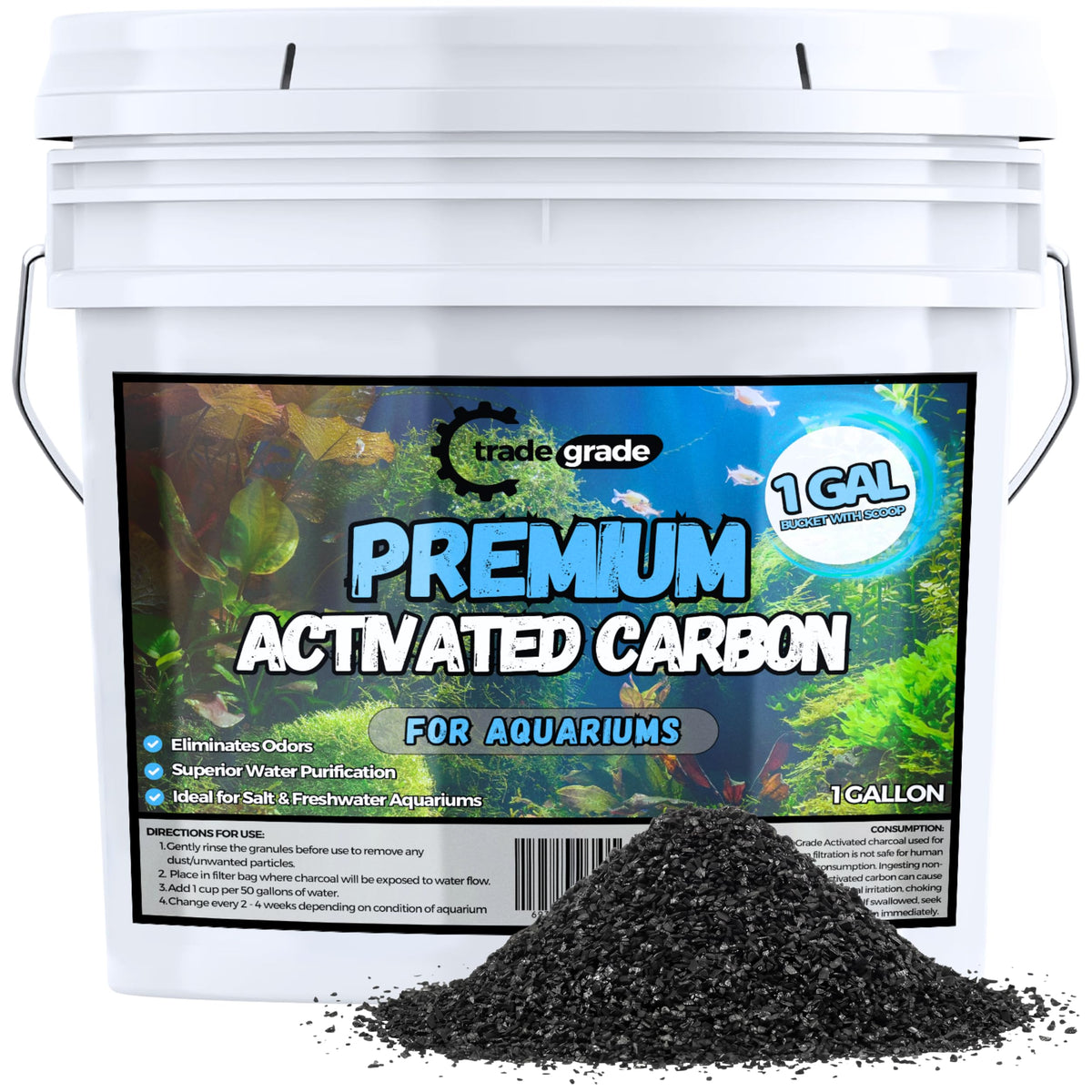Trade Grade Premium Activated Carbon granules in a bag provide filtration and water clarity