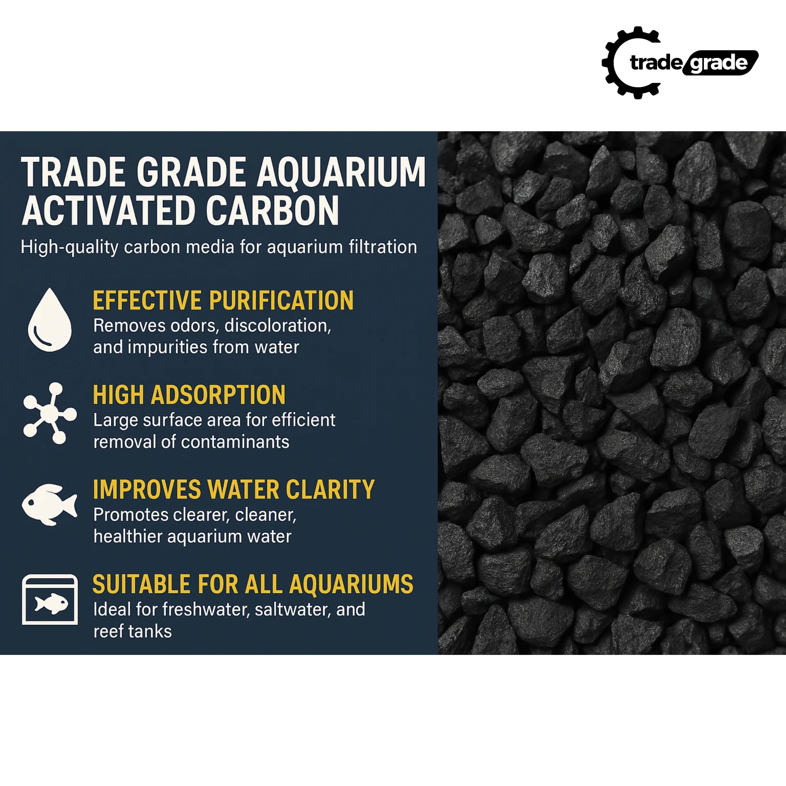 Trade Grade Activated Carbon absorbs odors and discoloration in aquariums