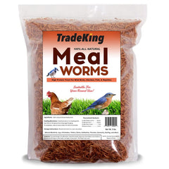 TradeKing dried mealworms bag front showing a high-protein treat for birds and pets.
