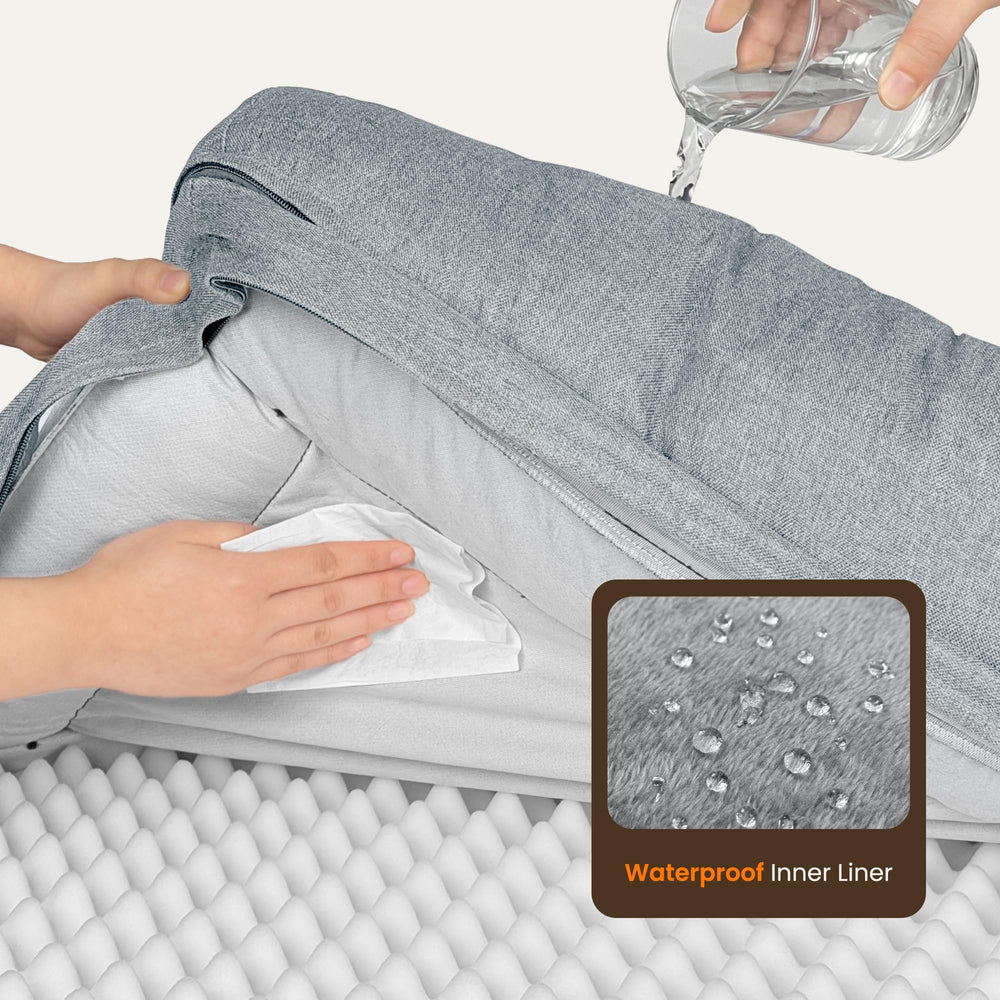 TRAHOME light grey fabric blends with home decor and is durable.