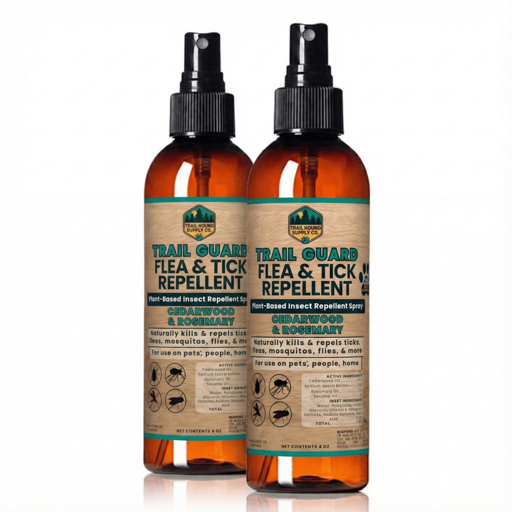 Trail Guard bottle featuring cedarwood and rosemary for natural pest protection.